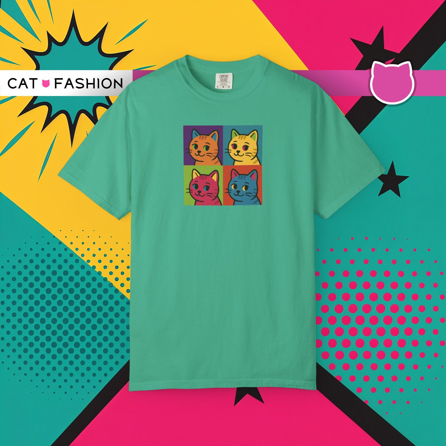T-Shirt: Pop Art Cats - Colorful Retro Style Kitty Faces Graphic Tee - Funny Unisex Shirt for Cat Lovers and Art Fans