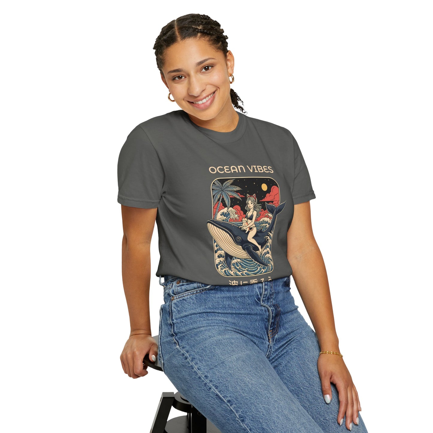 T-Shirt: Ocean Vibes – Anime Whale Rider Tee – Retro Japanese Style Shirt – Cat Girl Graphic Unisex Top for Surfers & Dreamers