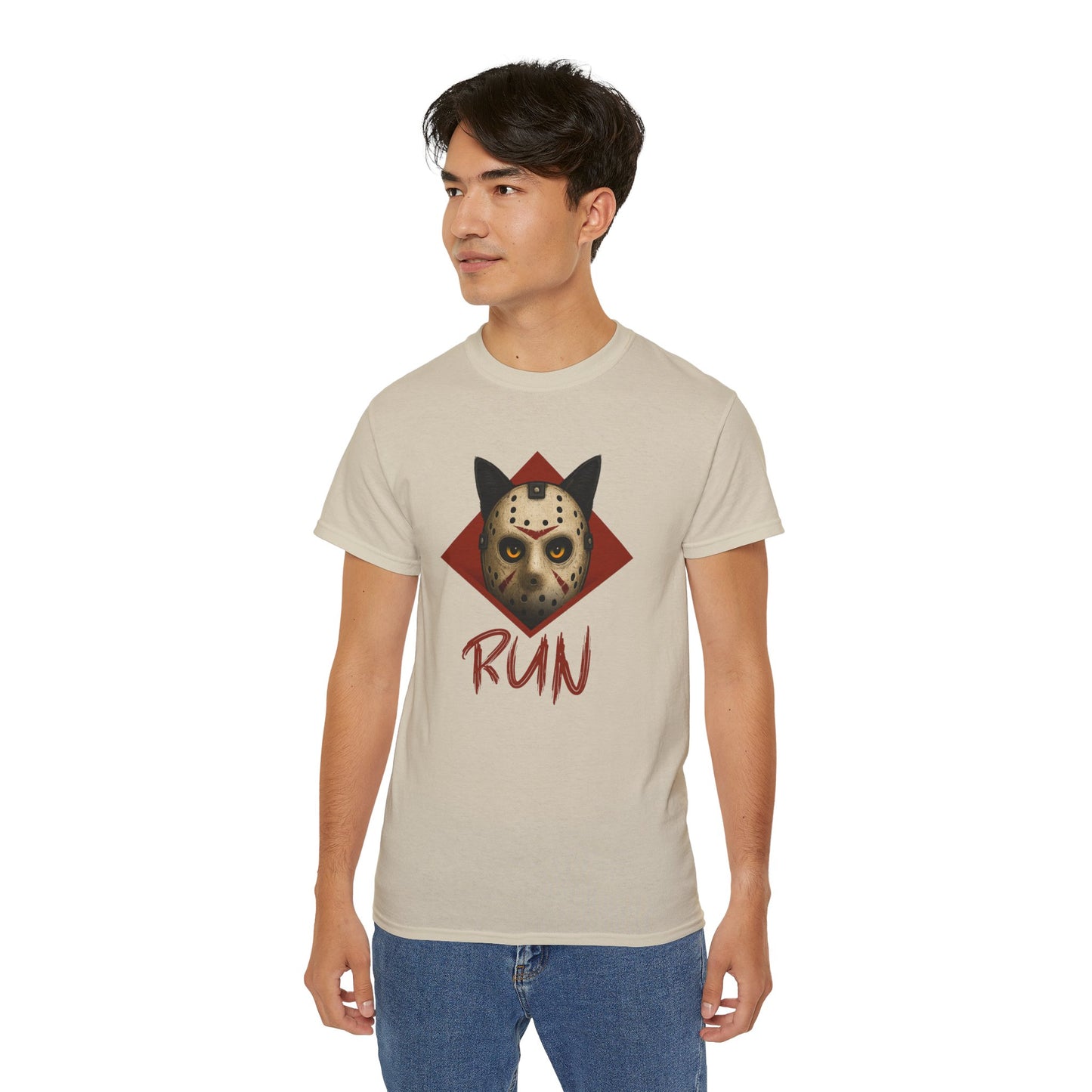 T-Shirt: RUN – Creepy Cat Horror Mask Graphic Tee – Halloween Scary Unisex Shirt for Spooky Season