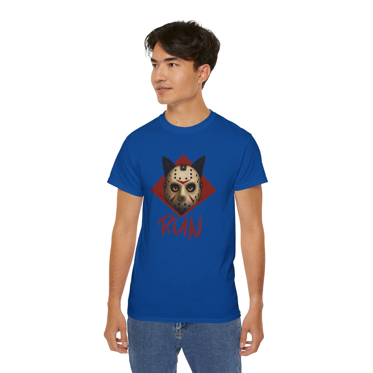 T-Shirt: RUN – Creepy Cat Horror Mask Graphic Tee – Halloween Scary Unisex Shirt for Spooky Season