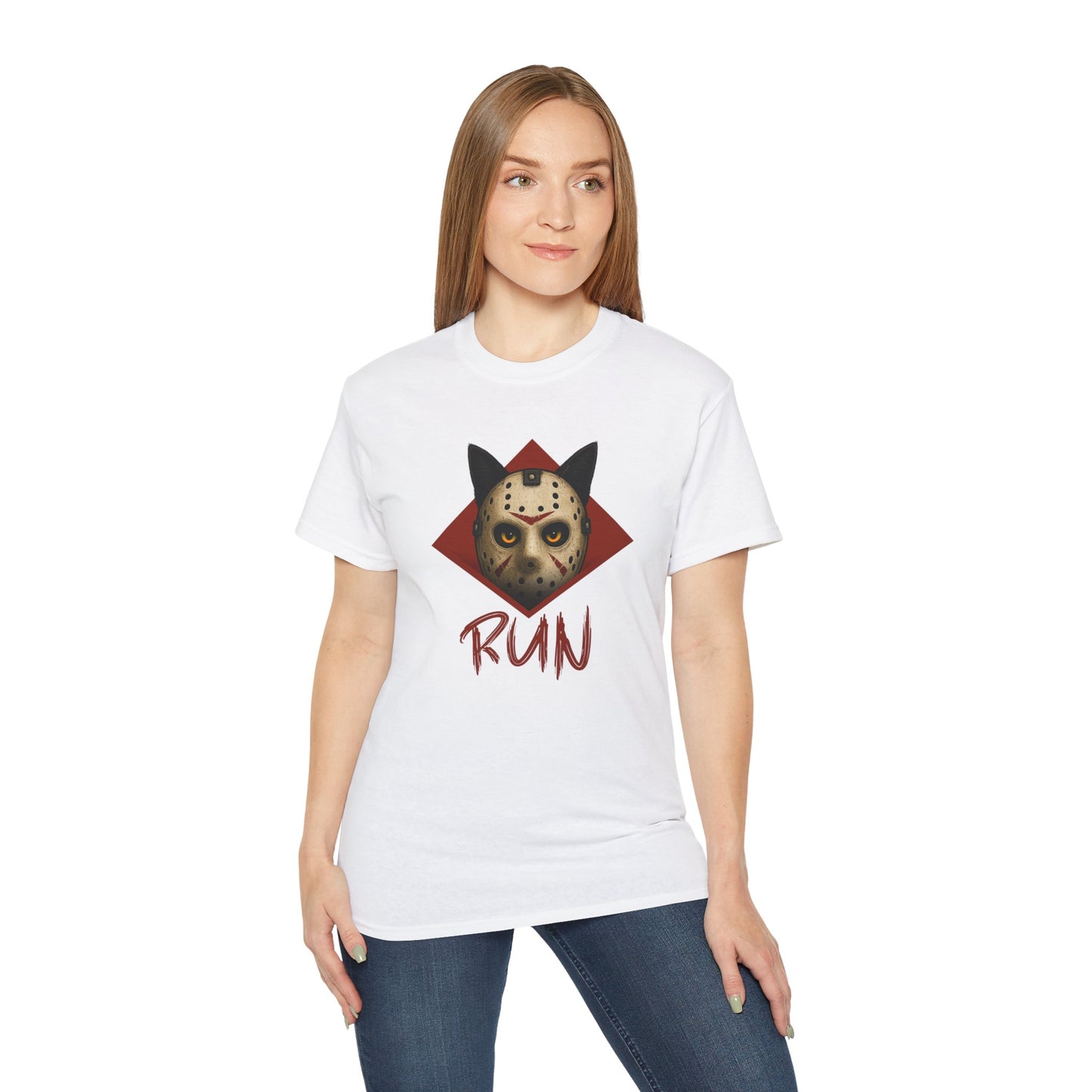 T-Shirt: RUN – Creepy Cat Horror Mask Graphic Tee – Halloween Scary Unisex Shirt for Spooky Season