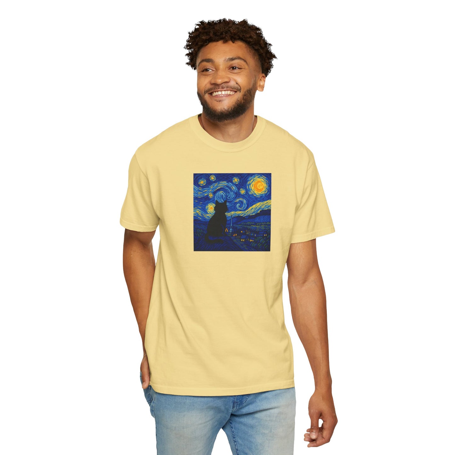 T-Shirt: The Starry Night with Cat - Van Gogh Parody Art Tee - Whimsical Unisex Shirt for Cat Lovers and Art Fans