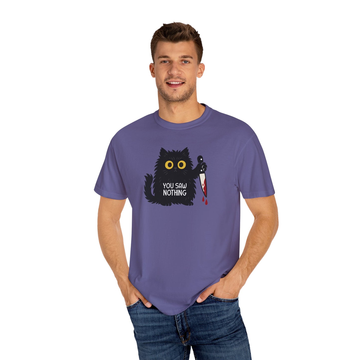 T-Shirt: You Saw Nothing - Funny Knife Cat Meme Graphic Tee - Dark Humor Unisex Shirt for Cat Lovers and Suspicious Vibes
