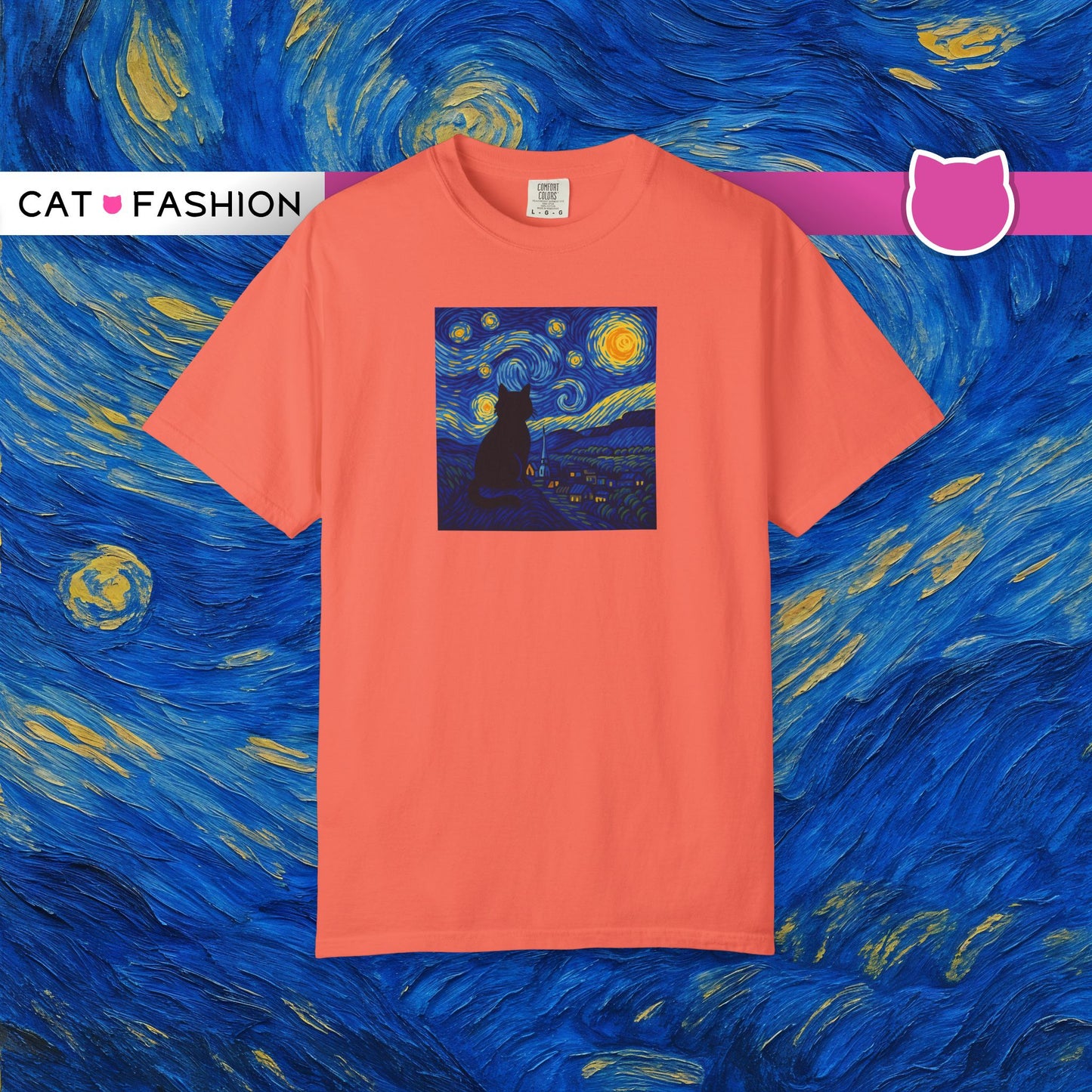 T-Shirt: The Starry Night with Cat - Van Gogh Parody Art Tee - Whimsical Unisex Shirt for Cat Lovers and Art Fans