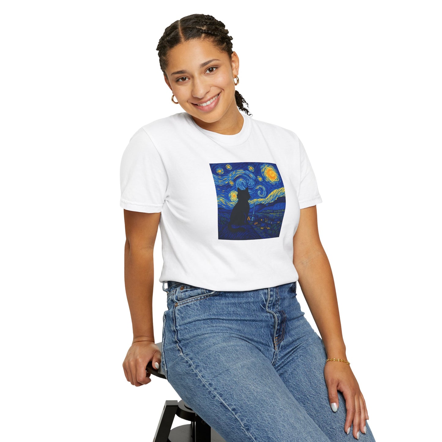 T-Shirt: The Starry Night with Cat - Van Gogh Parody Art Tee - Whimsical Unisex Shirt for Cat Lovers and Art Fans