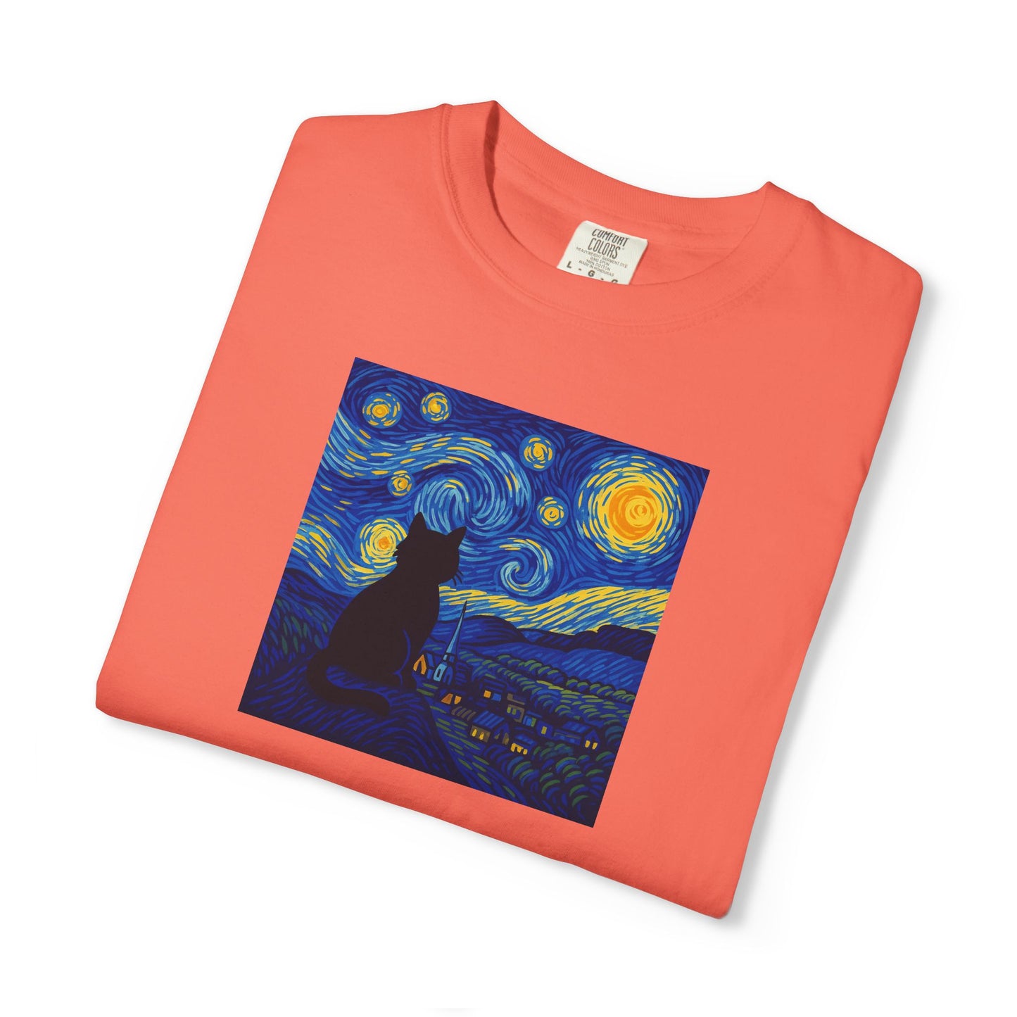 T-Shirt: The Starry Night with Cat - Van Gogh Parody Art Tee - Whimsical Unisex Shirt for Cat Lovers and Art Fans