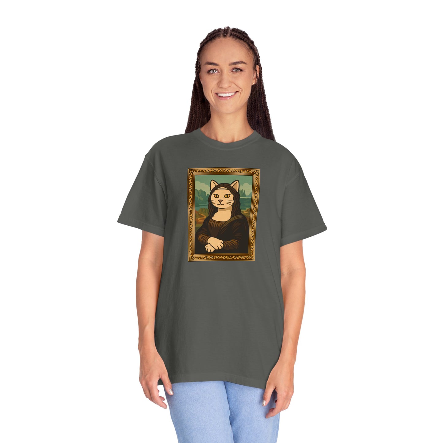 T-Shirt: Meow Mona Lisa - Cat Art Parody Graphic Tee - Leonardo da Vinci-Inspired Unisex Shirt for Cat Lovers and Art Fans