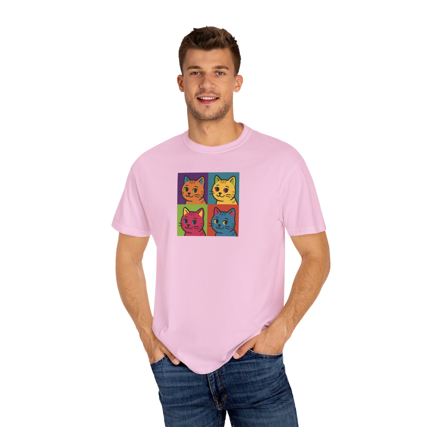 T-Shirt: Pop Art Cats - Colorful Retro Style Kitty Faces Graphic Tee - Funny Unisex Shirt for Cat Lovers and Art Fans