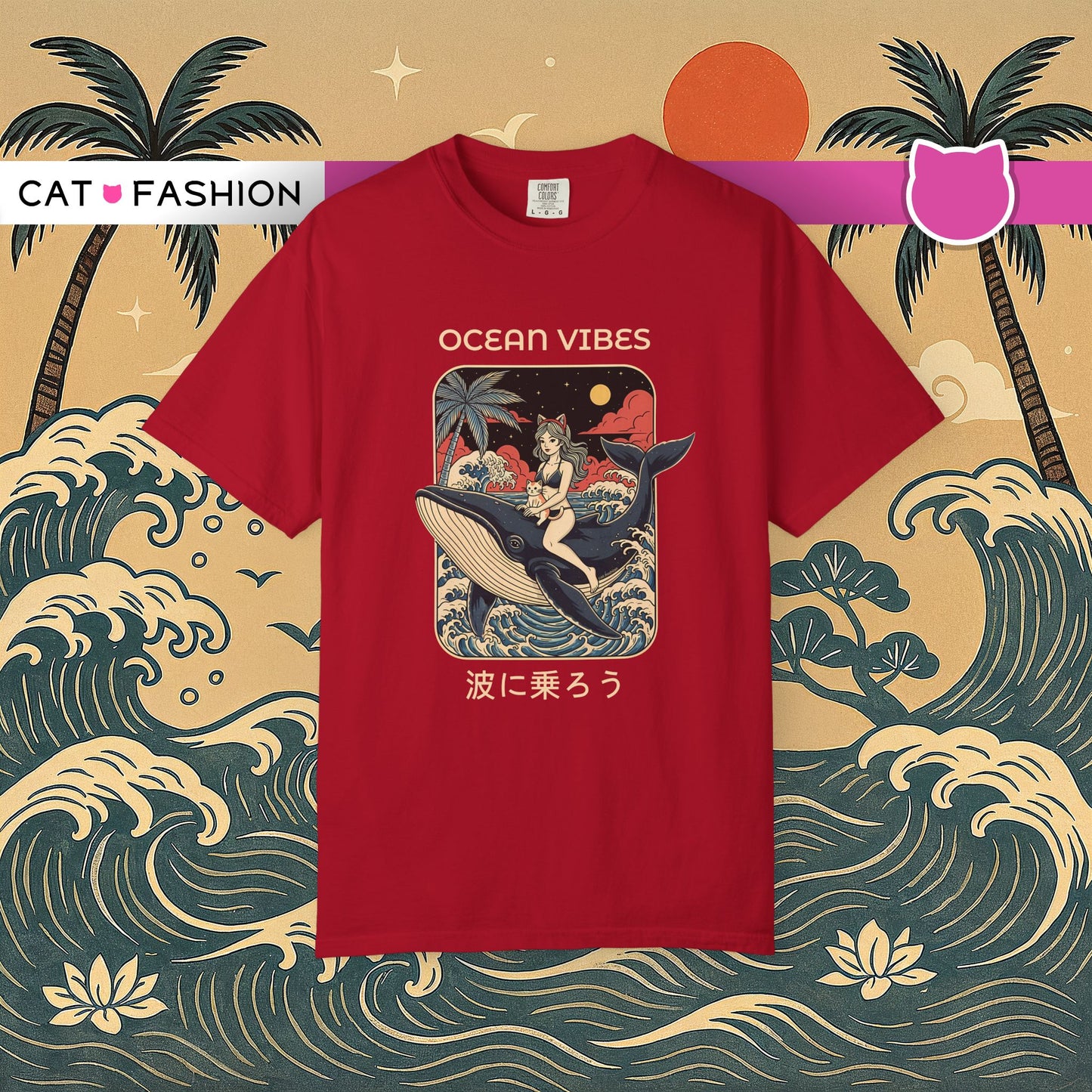 T-Shirt: Ocean Vibes – Anime Whale Rider Tee – Retro Japanese Style Shirt – Cat Girl Graphic Unisex Top for Surfers & Dreamers