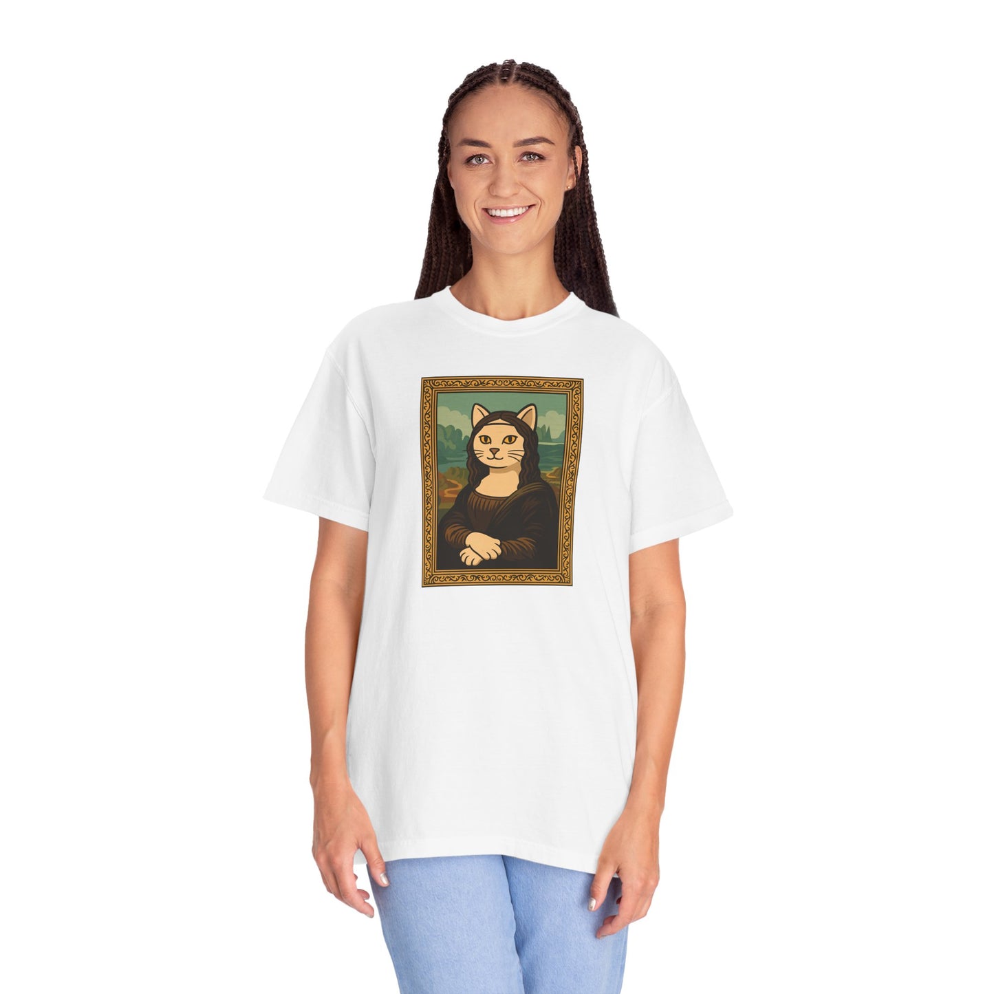 T-Shirt: Meow Mona Lisa - Cat Art Parody Graphic Tee - Leonardo da Vinci-Inspired Unisex Shirt for Cat Lovers and Art Fans