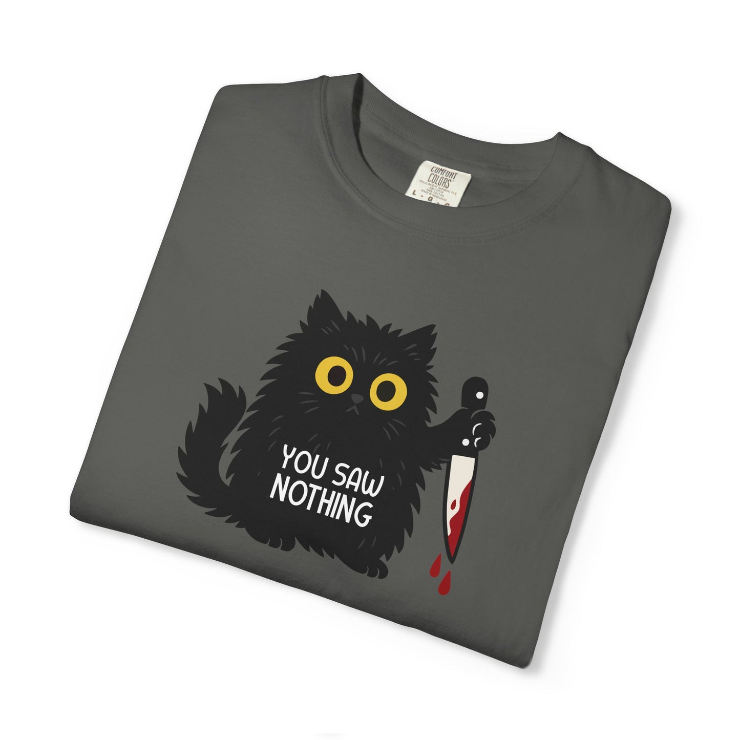 T-Shirt: You Saw Nothing - Funny Knife Cat Meme Graphic Tee - Dark Humor Unisex Shirt for Cat Lovers and Suspicious Vibes