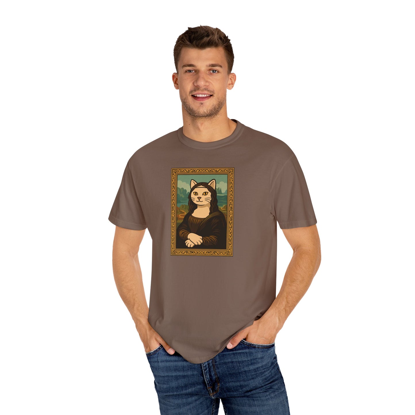 T-Shirt: Meow Mona Lisa - Cat Art Parody Graphic Tee - Leonardo da Vinci-Inspired Unisex Shirt for Cat Lovers and Art Fans