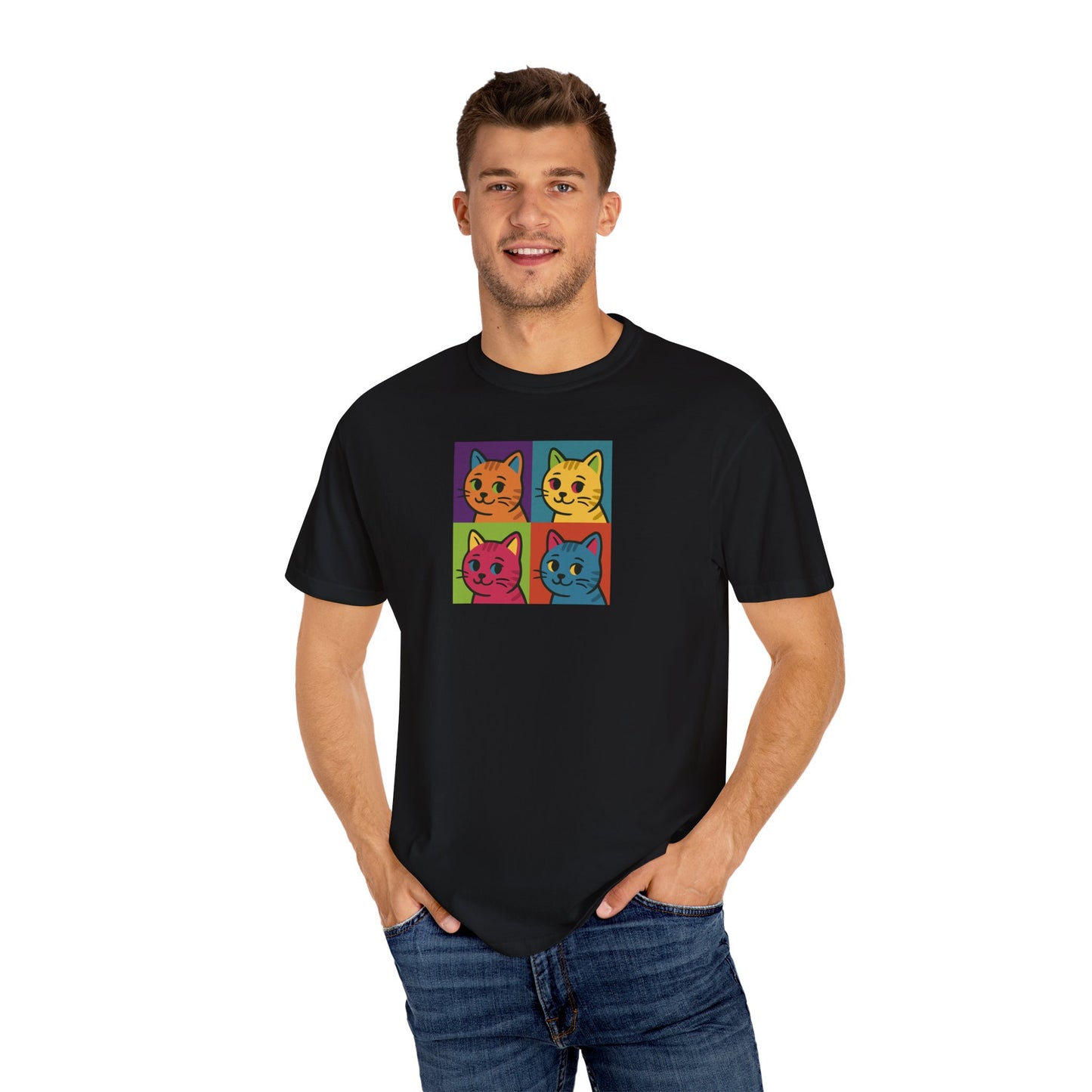 T-Shirt: Pop Art Cats - Colorful Retro Style Kitty Faces Graphic Tee - Funny Unisex Shirt for Cat Lovers and Art Fans