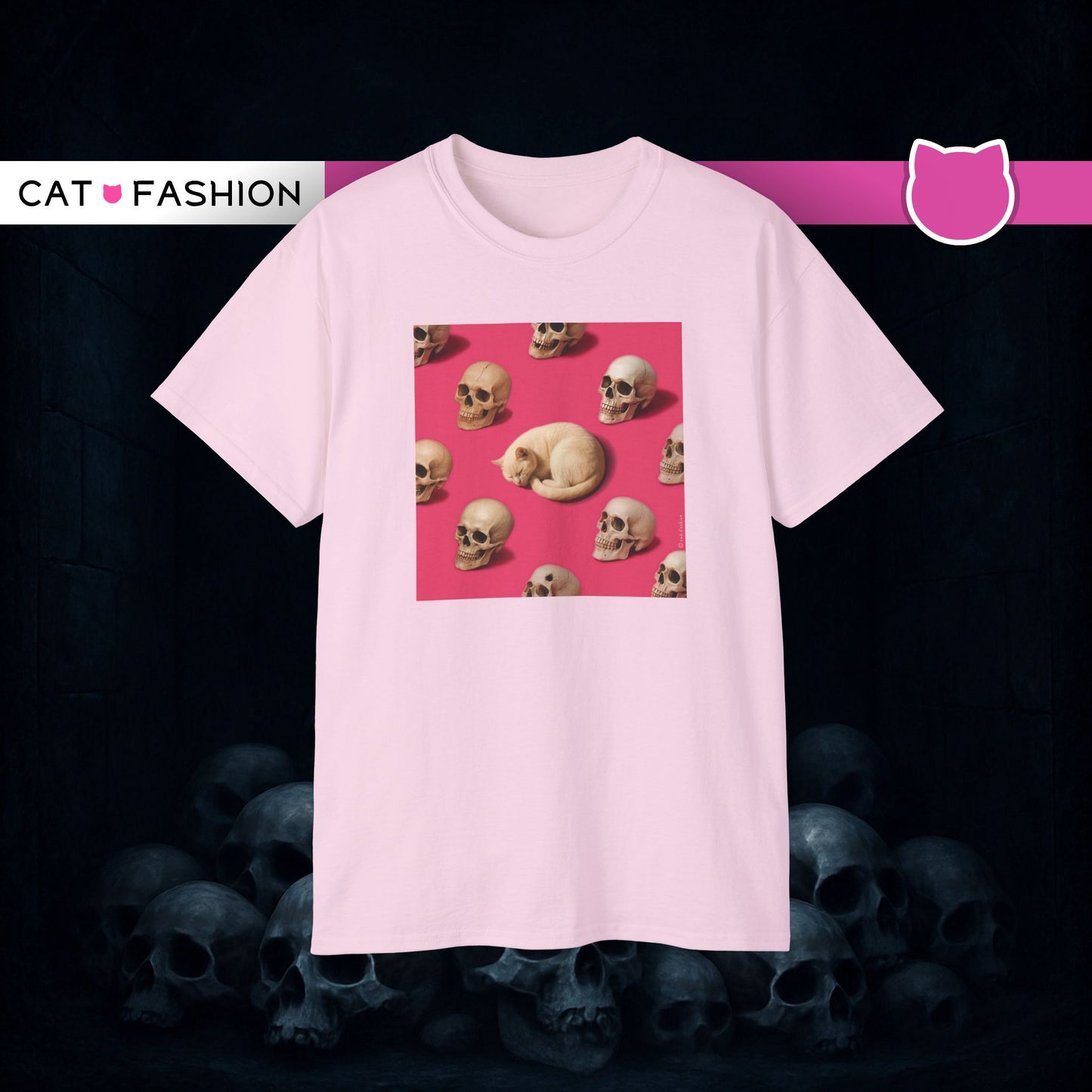 T-Shirt: The Cat and His Former Owners – Dark Humor Cat Graphic Tee – Funny Spooky Skull Unisex Shirt for Gothic Vibes