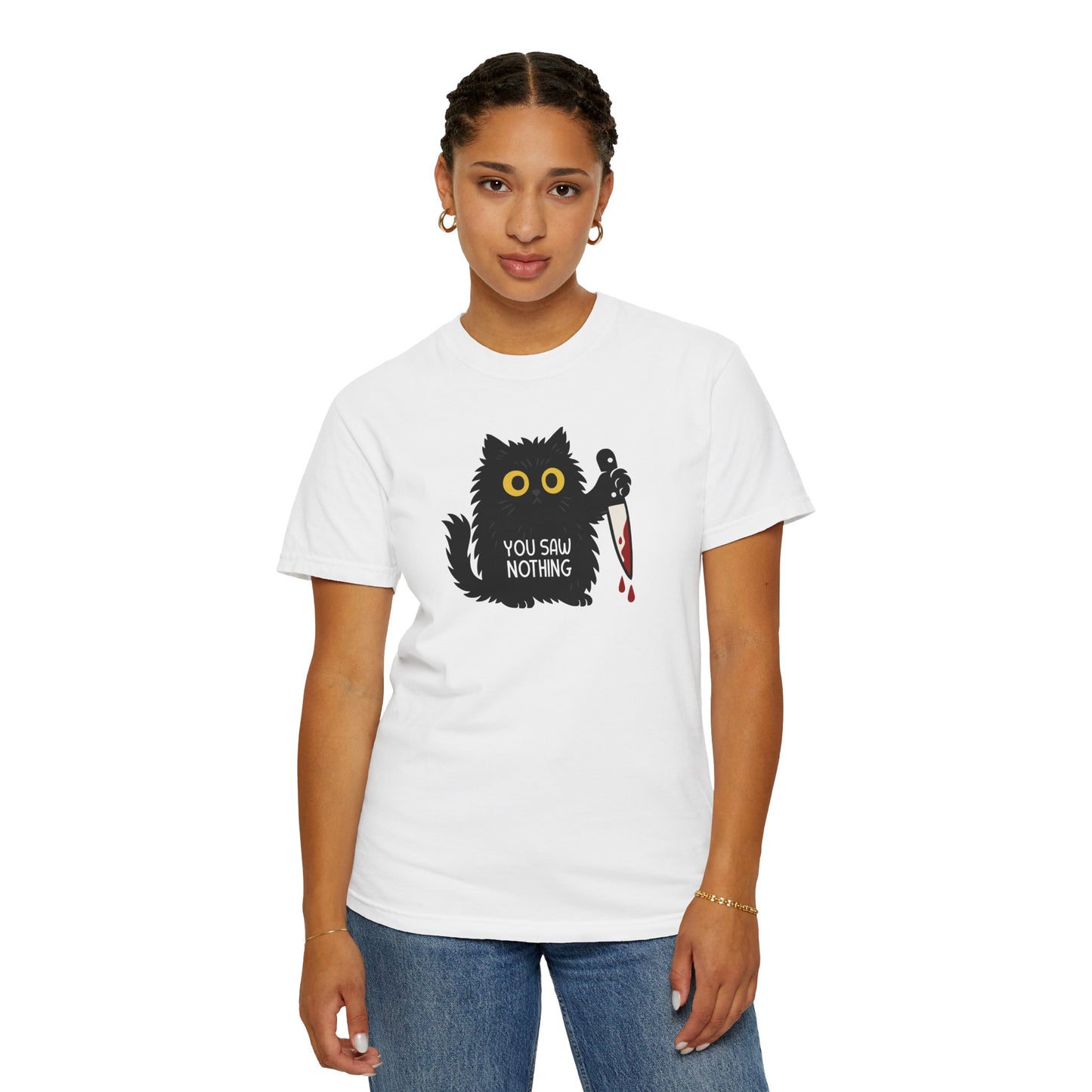 T-Shirt: You Saw Nothing - Funny Knife Cat Meme Graphic Tee - Dark Humor Unisex Shirt for Cat Lovers and Suspicious Vibes