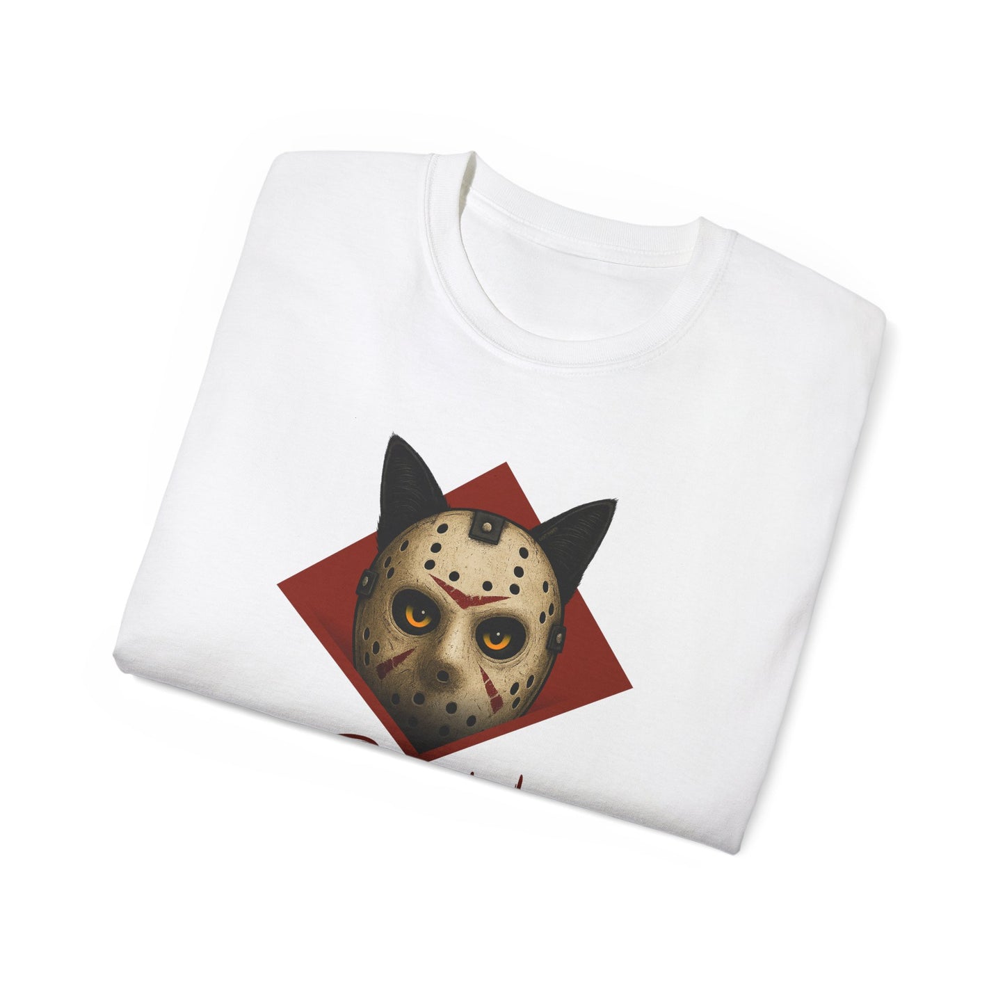 T-Shirt: RUN – Creepy Cat Horror Mask Graphic Tee – Halloween Scary Unisex Shirt for Spooky Season