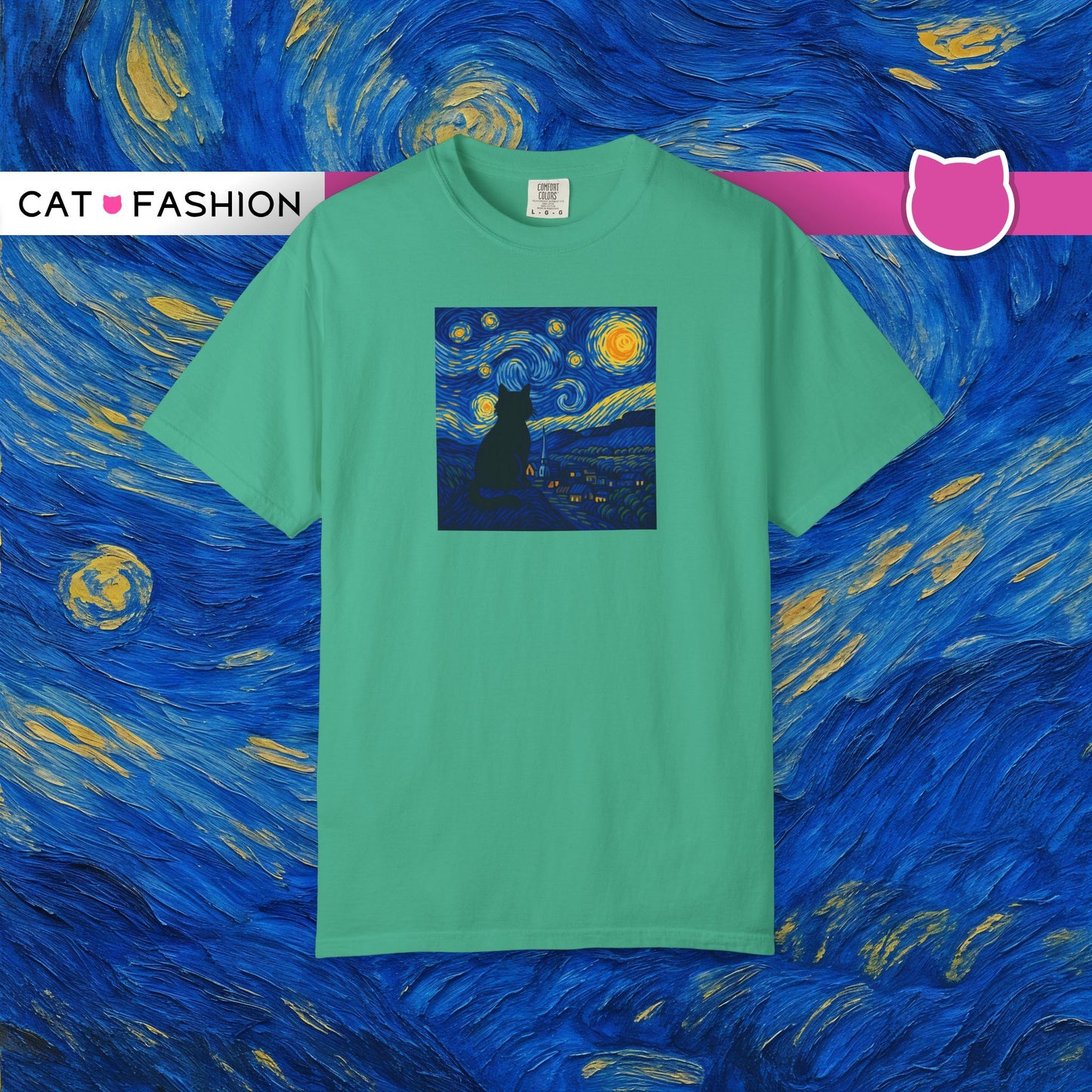 T-Shirt: The Starry Night with Cat - Van Gogh Parody Art Tee - Whimsical Unisex Shirt for Cat Lovers and Art Fans