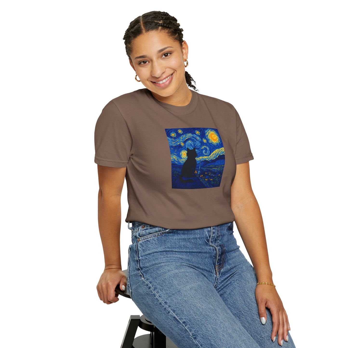 T-Shirt: The Starry Night with Cat - Van Gogh Parody Art Tee - Whimsical Unisex Shirt for Cat Lovers and Art Fans