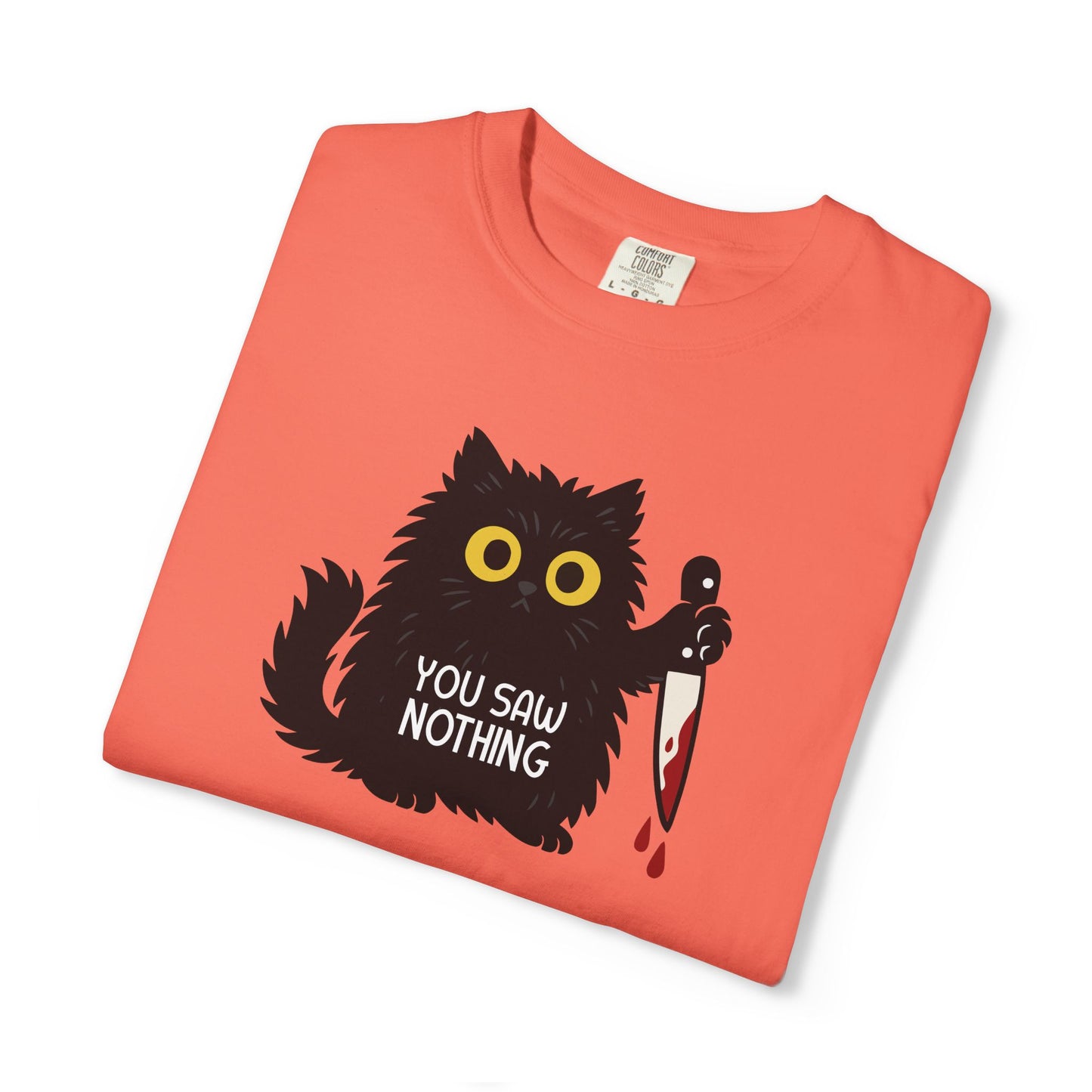 T-Shirt: You Saw Nothing - Funny Knife Cat Meme Graphic Tee - Dark Humor Unisex Shirt for Cat Lovers and Suspicious Vibes