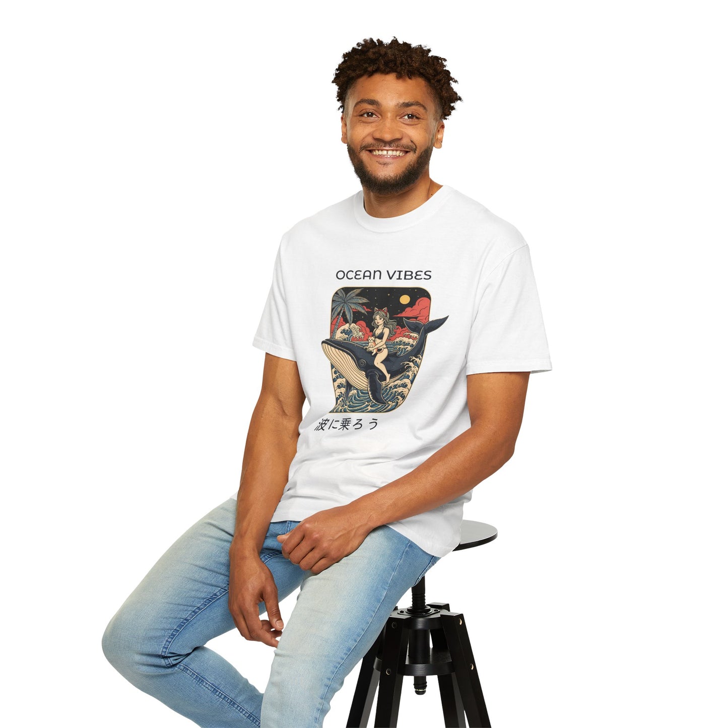 T-Shirt: Ocean Vibes – Anime Whale Rider Tee – Retro Japanese Style Shirt – Cat Girl Graphic Unisex Top for Surfers & Dreamers