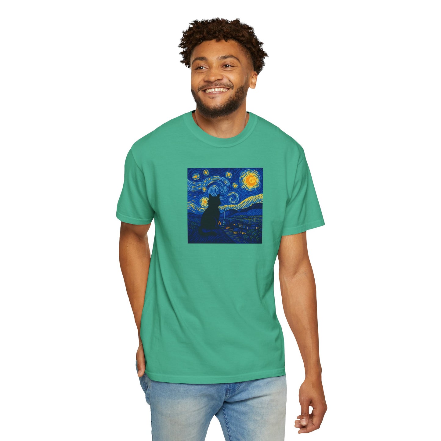 T-Shirt: The Starry Night with Cat - Van Gogh Parody Art Tee - Whimsical Unisex Shirt for Cat Lovers and Art Fans