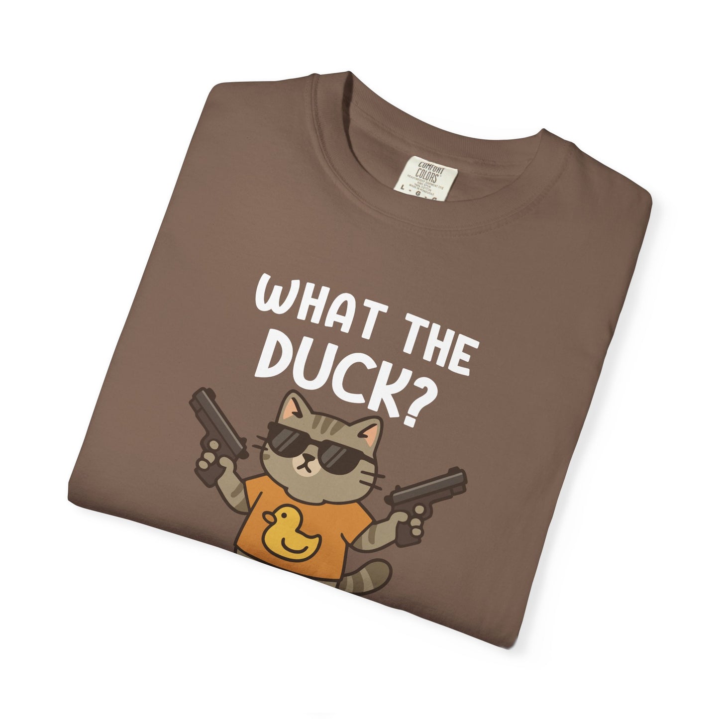 T-Shirt: What The Duck? - Funny Armed Cat Meme Graphic Tee - Humorous Unisex Shirt for Cat Lovers & Internet Humor Fans