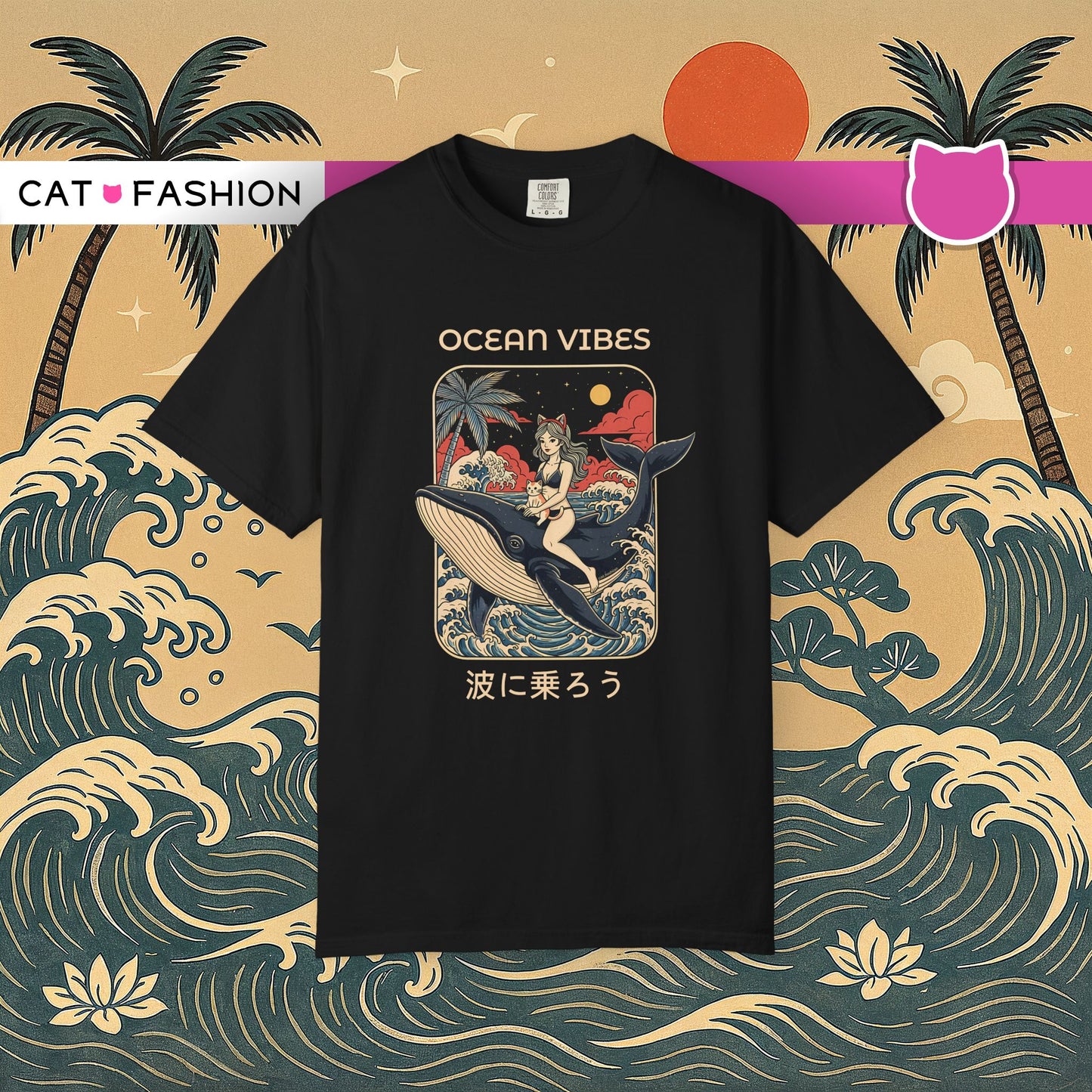 T-Shirt: Ocean Vibes – Anime Whale Rider Tee – Retro Japanese Style Shirt – Cat Girl Graphic Unisex Top for Surfers & Dreamers