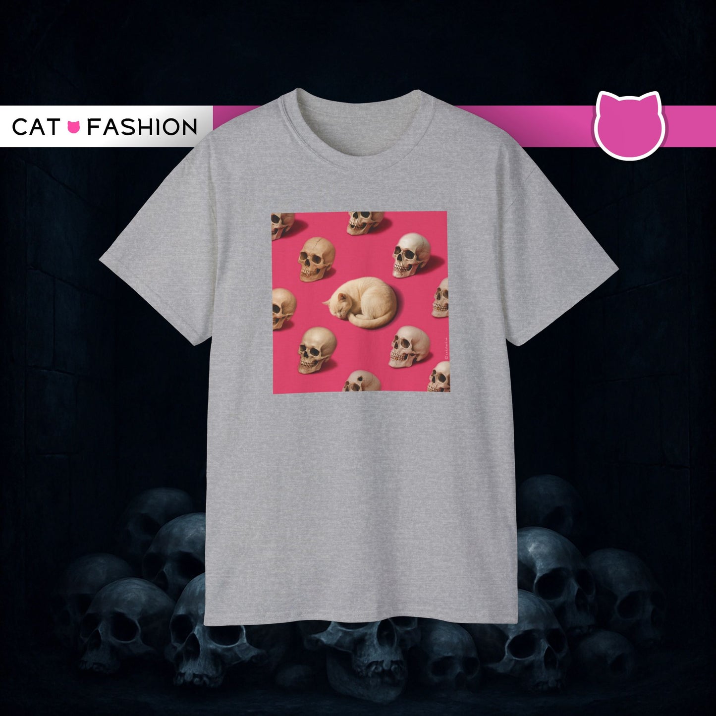 T-Shirt: The Cat and His Former Owners – Dark Humor Cat Graphic Tee – Funny Spooky Skull Unisex Shirt for Gothic Vibes