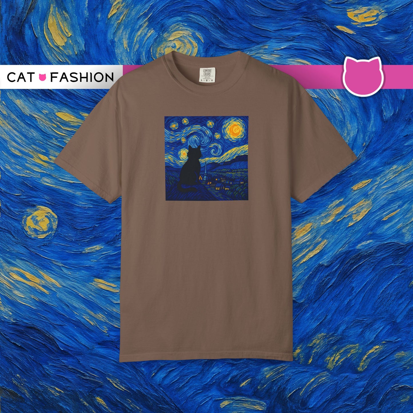 T-Shirt: The Starry Night with Cat - Van Gogh Parody Art Tee - Whimsical Unisex Shirt for Cat Lovers and Art Fans