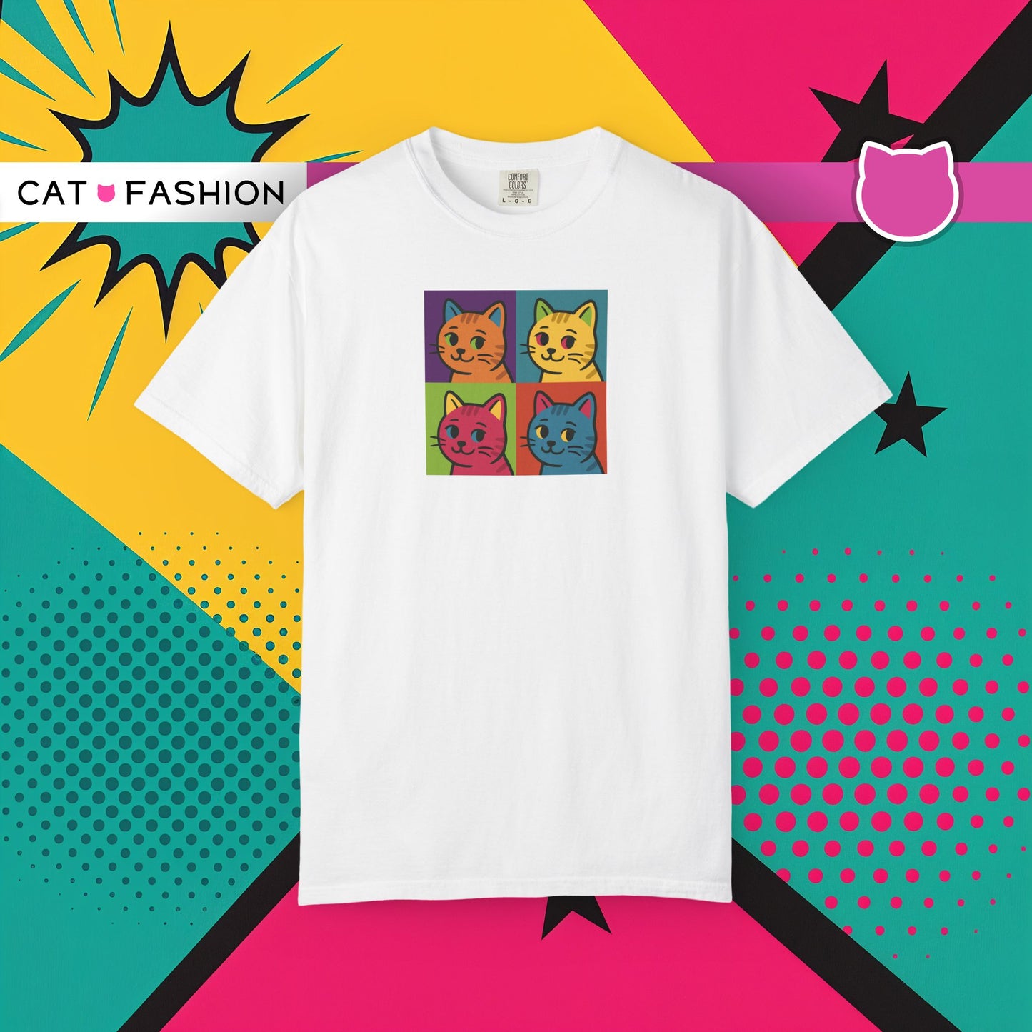 T-Shirt: Pop Art Cats - Colorful Retro Style Kitty Faces Graphic Tee - Funny Unisex Shirt for Cat Lovers and Art Fans