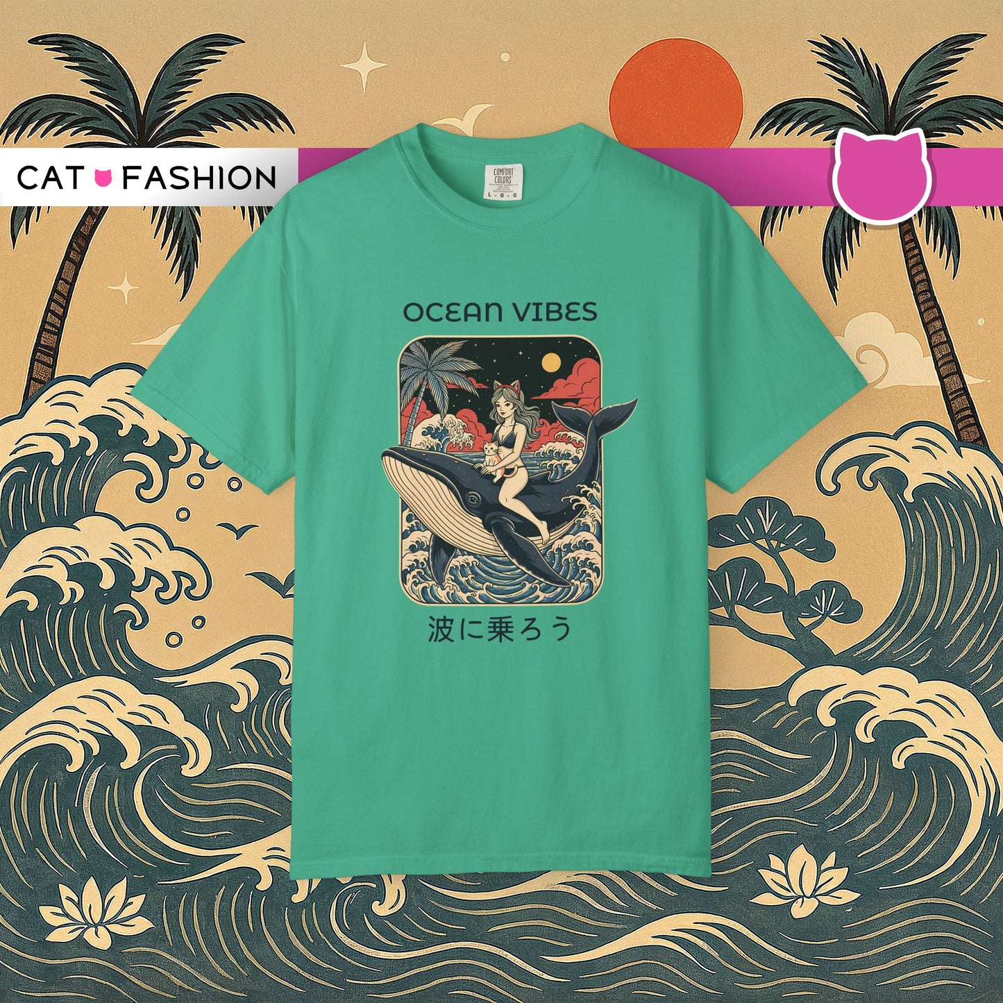 T-Shirt: Ocean Vibes – Anime Whale Rider Tee – Retro Japanese Style Shirt – Cat Girl Graphic Unisex Top for Surfers & Dreamers