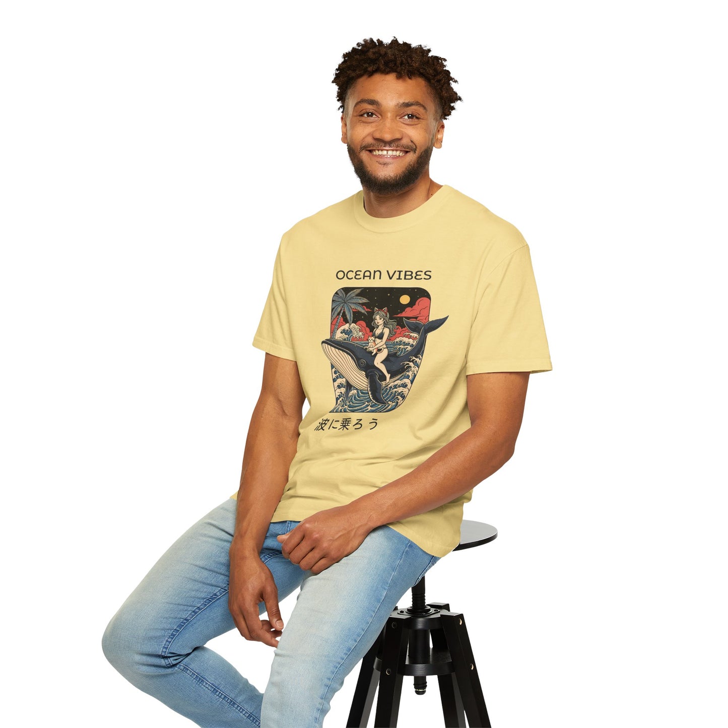 T-Shirt: Ocean Vibes – Anime Whale Rider Tee – Retro Japanese Style Shirt – Cat Girl Graphic Unisex Top for Surfers & Dreamers