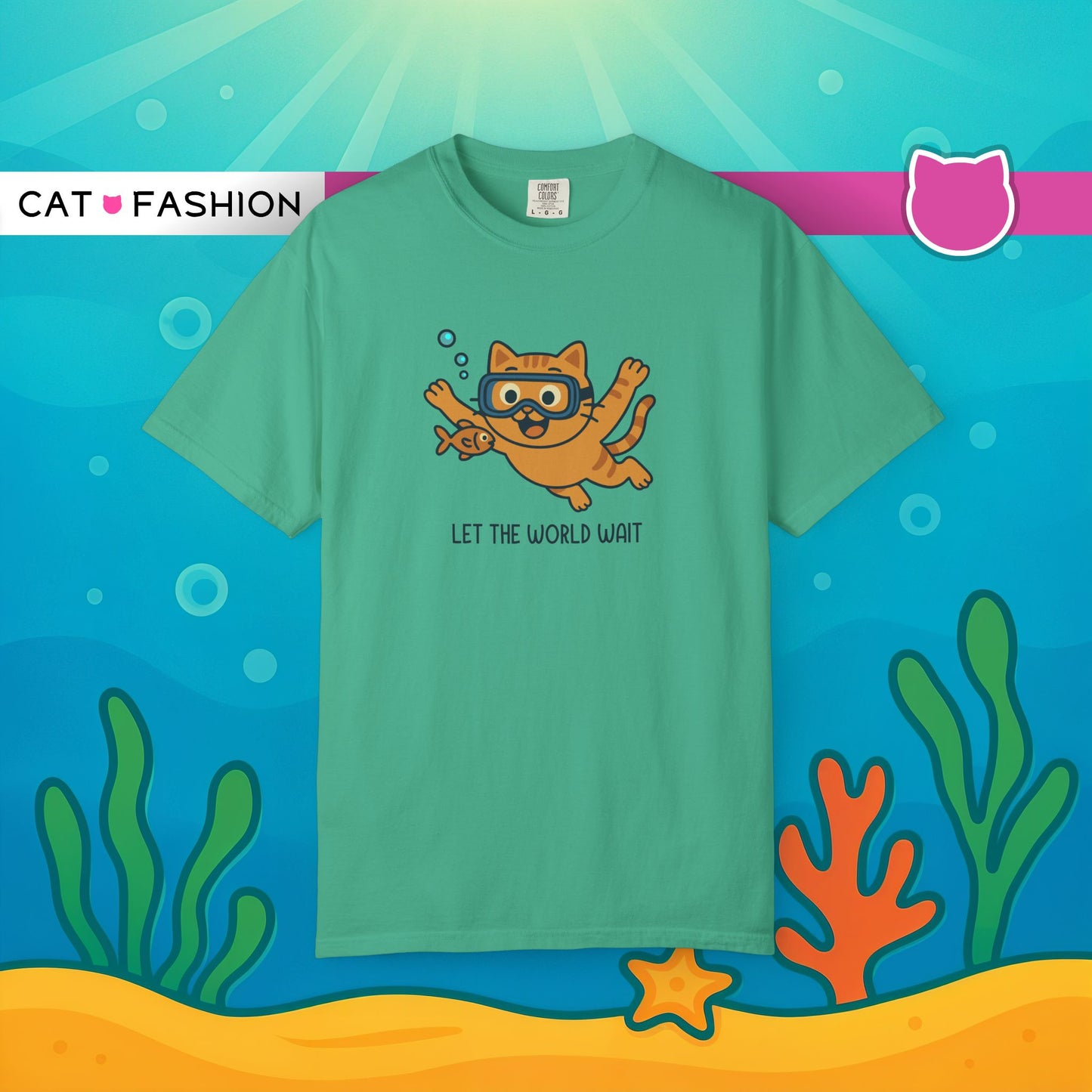 T-Shirt: Let The World Wait - Funny Swimming Cat Graphic Tee - Cute Unisex Shirt for Cat Lovers & Chill Vibes