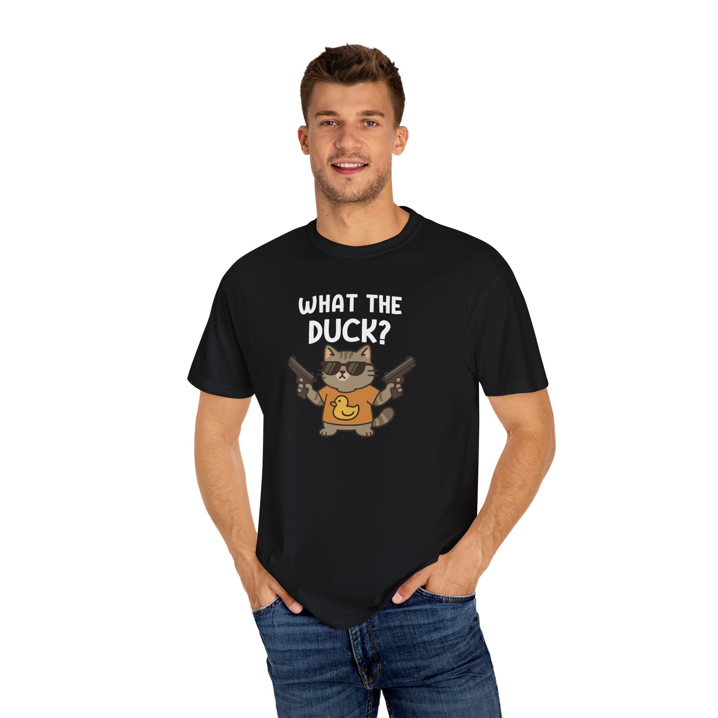 T-Shirt: What The Duck? - Funny Armed Cat Meme Graphic Tee - Humorous Unisex Shirt for Cat Lovers & Internet Humor Fans