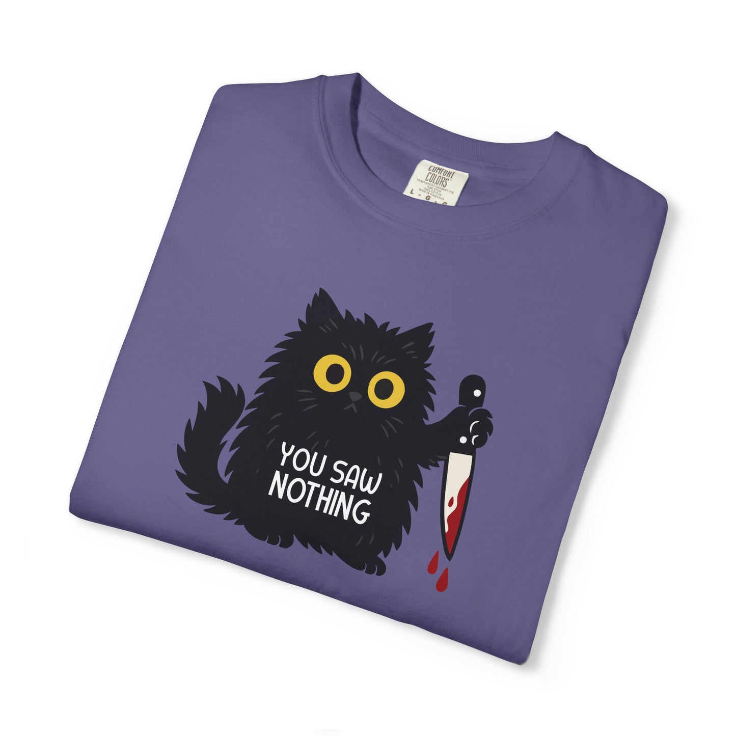 T-Shirt: You Saw Nothing - Funny Knife Cat Meme Graphic Tee - Dark Humor Unisex Shirt for Cat Lovers and Suspicious Vibes