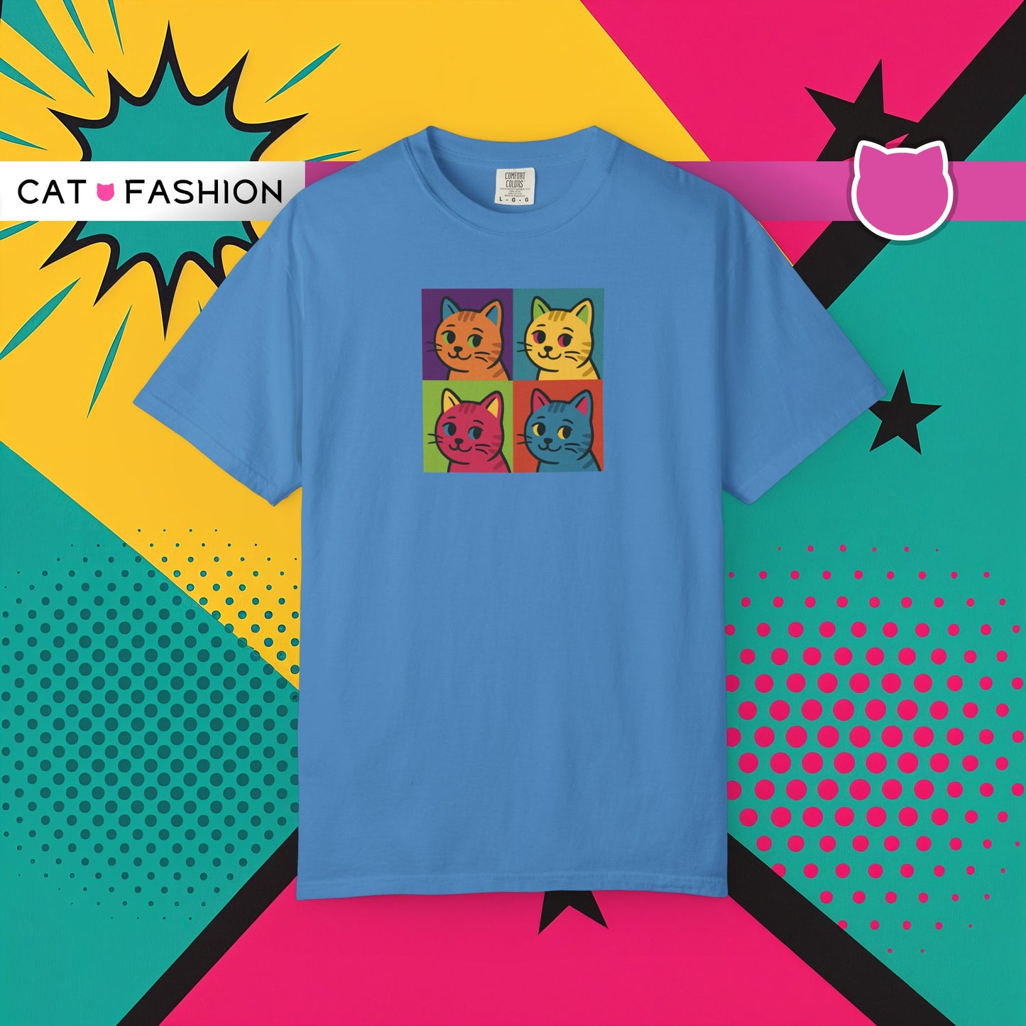 T-Shirt: Pop Art Cats - Colorful Retro Style Kitty Faces Graphic Tee - Funny Unisex Shirt for Cat Lovers and Art Fans