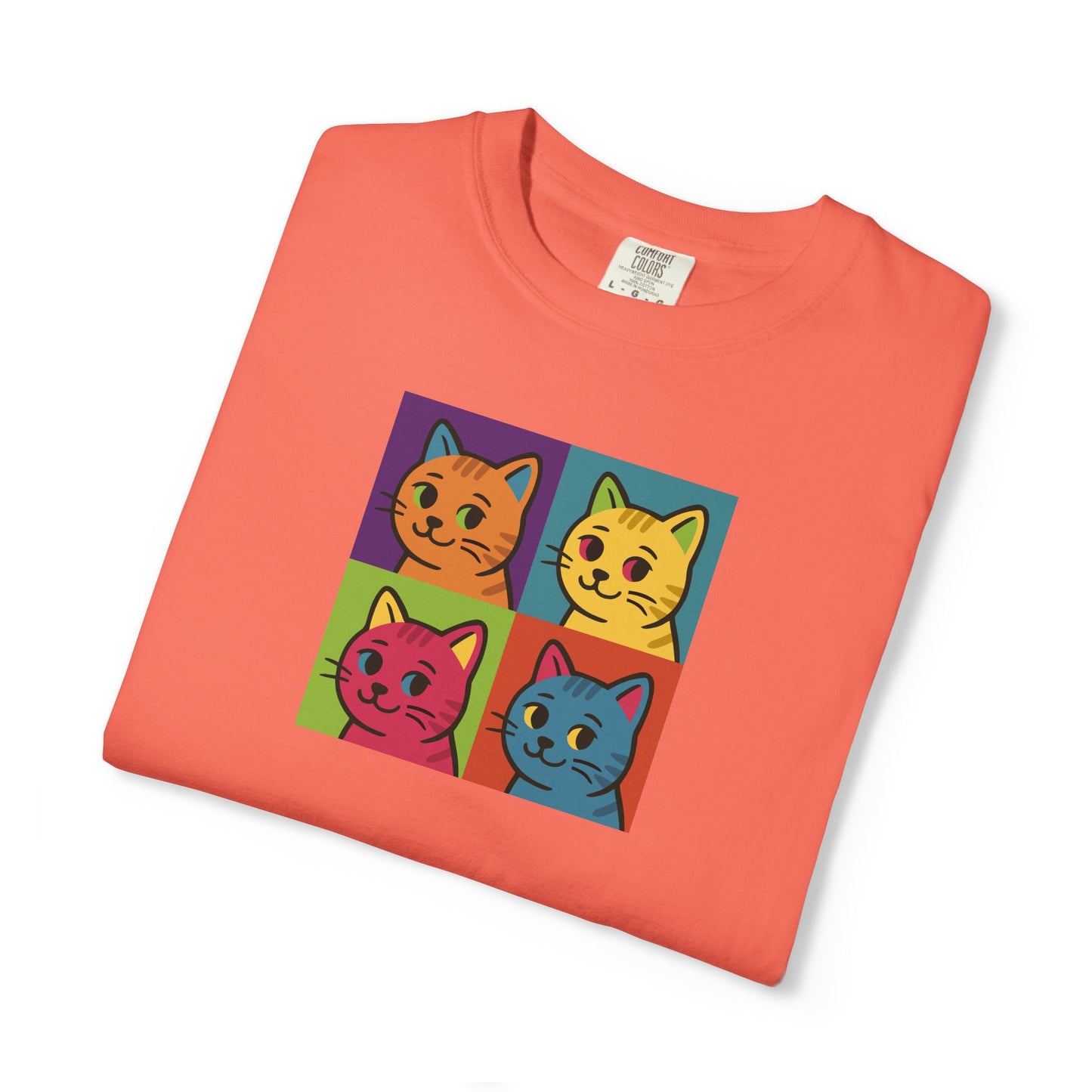 T-Shirt: Pop Art Cats - Colorful Retro Style Kitty Faces Graphic Tee - Funny Unisex Shirt for Cat Lovers and Art Fans