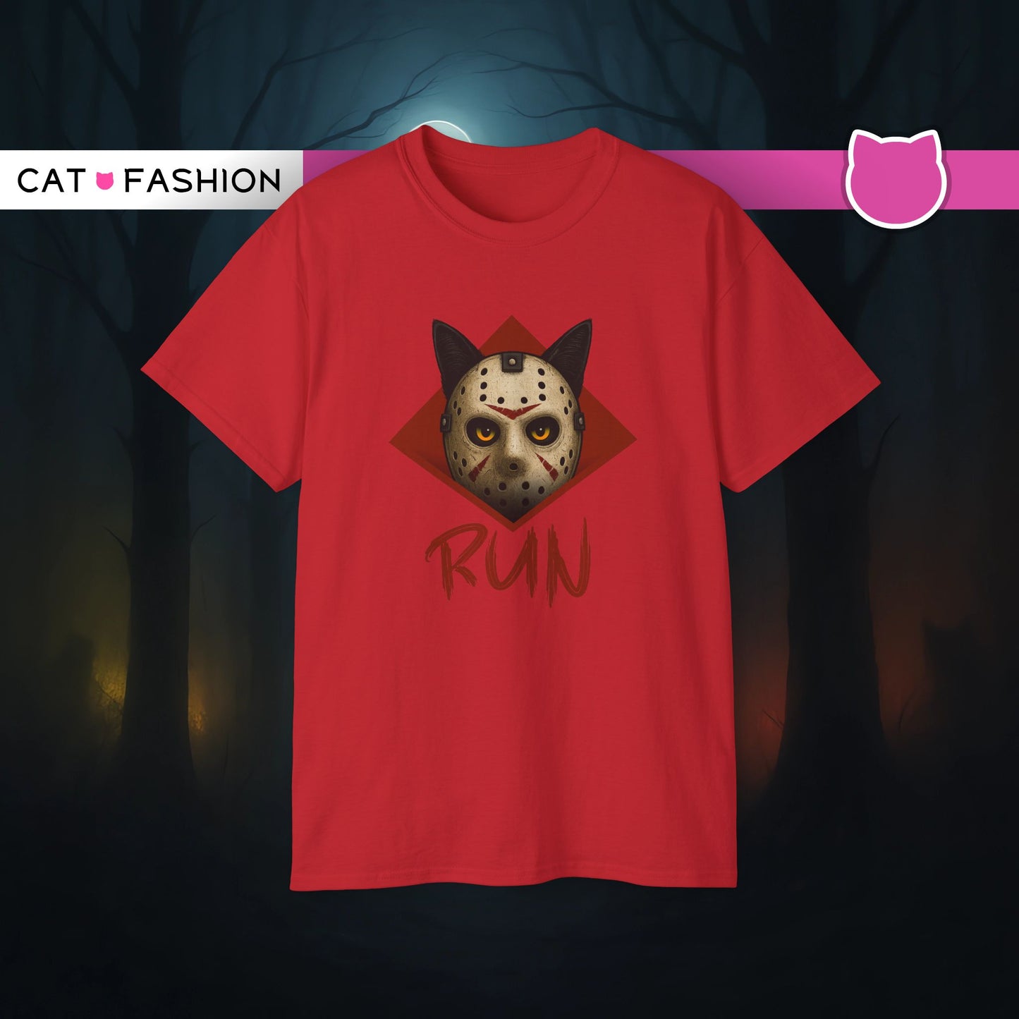 T-Shirt: RUN – Creepy Cat Horror Mask Graphic Tee – Halloween Scary Unisex Shirt for Spooky Season