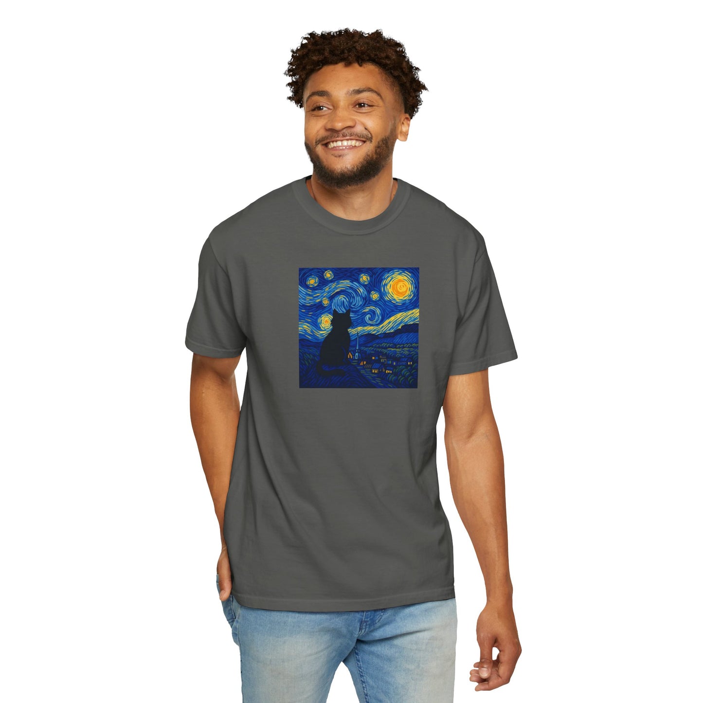 T-Shirt: The Starry Night with Cat - Van Gogh Parody Art Tee - Whimsical Unisex Shirt for Cat Lovers and Art Fans