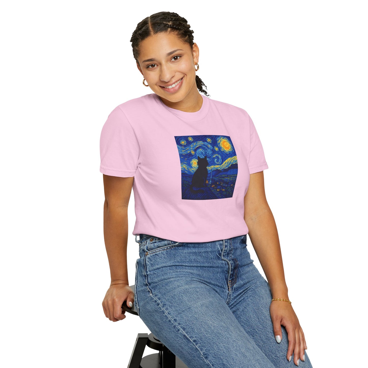 T-Shirt: The Starry Night with Cat - Van Gogh Parody Art Tee - Whimsical Unisex Shirt for Cat Lovers and Art Fans