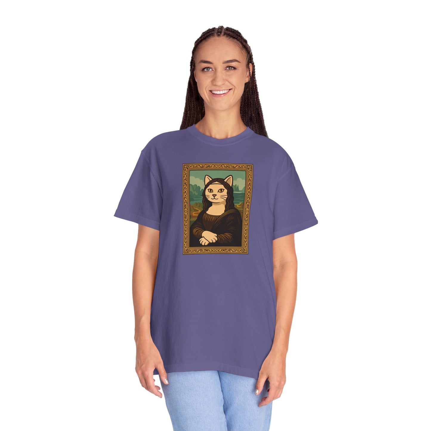 T-Shirt: Meow Mona Lisa - Cat Art Parody Graphic Tee - Leonardo da Vinci-Inspired Unisex Shirt for Cat Lovers and Art Fans