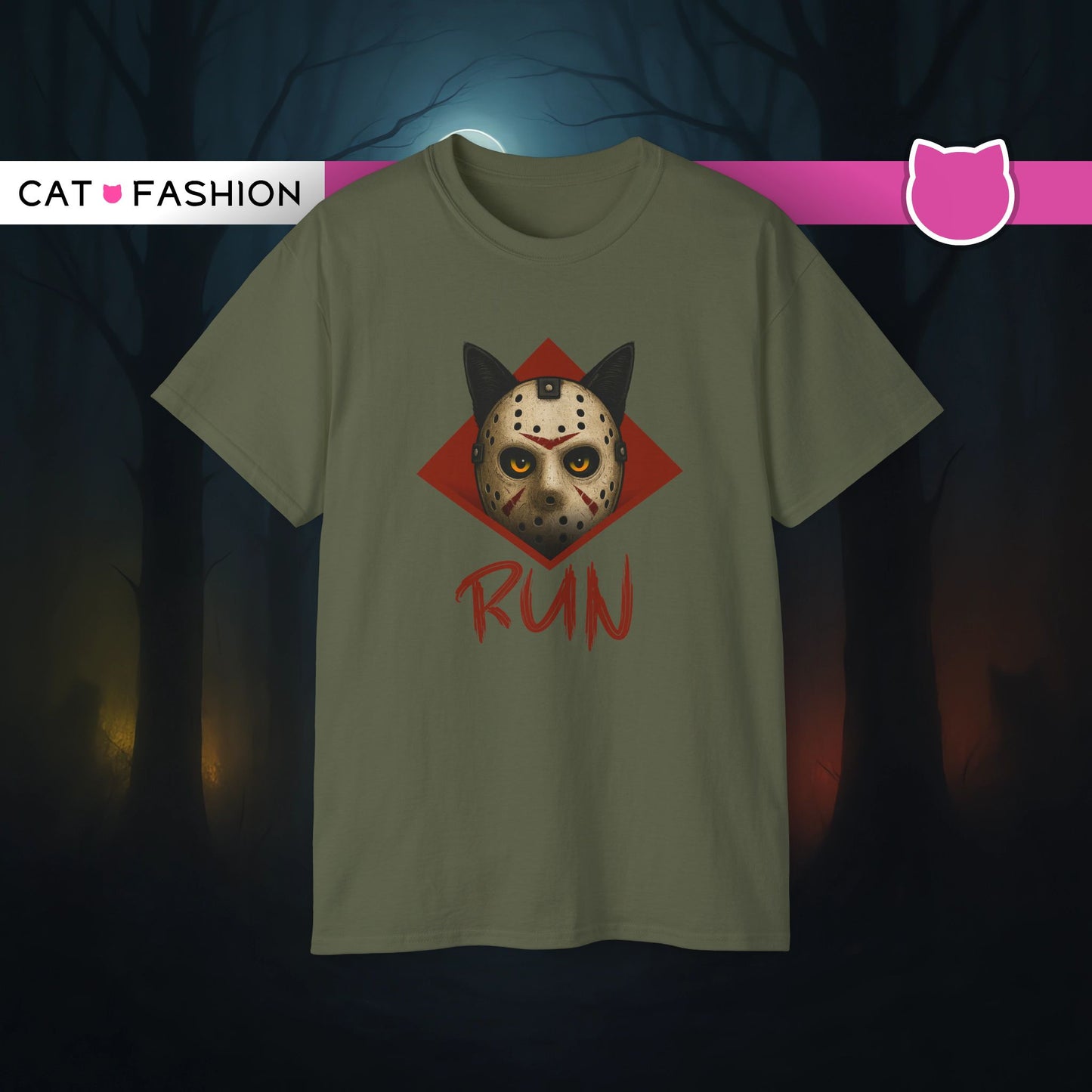 T-Shirt: RUN – Creepy Cat Horror Mask Graphic Tee – Halloween Scary Unisex Shirt for Spooky Season