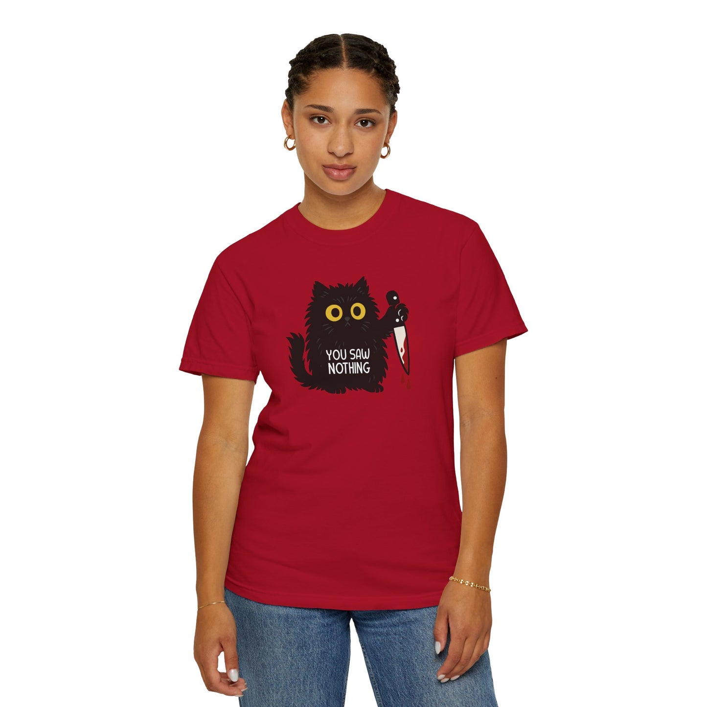 T-Shirt: You Saw Nothing - Funny Knife Cat Meme Graphic Tee - Dark Humor Unisex Shirt for Cat Lovers and Suspicious Vibes