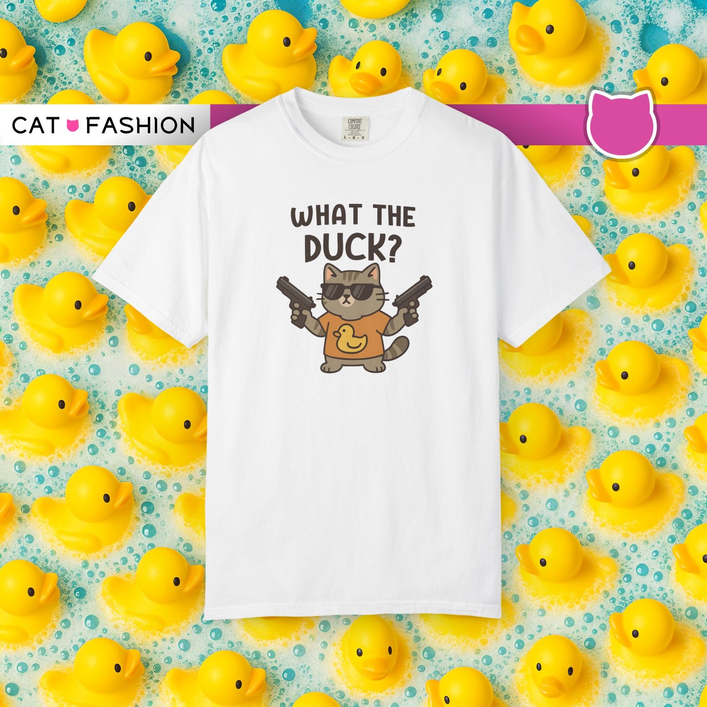 T-Shirt: What The Duck? - Funny Armed Cat Meme Graphic Tee - Humorous Unisex Shirt for Cat Lovers & Internet Humor Fans