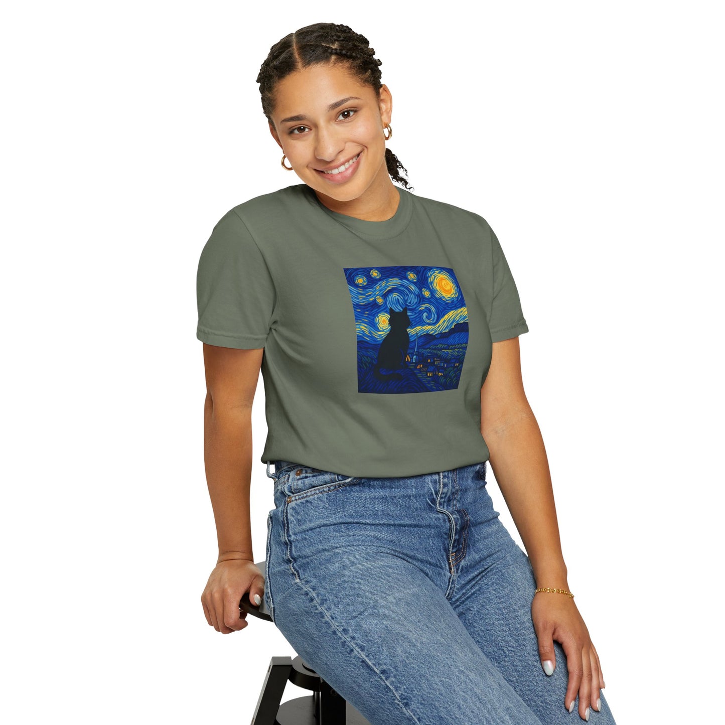 T-Shirt: The Starry Night with Cat - Van Gogh Parody Art Tee - Whimsical Unisex Shirt for Cat Lovers and Art Fans