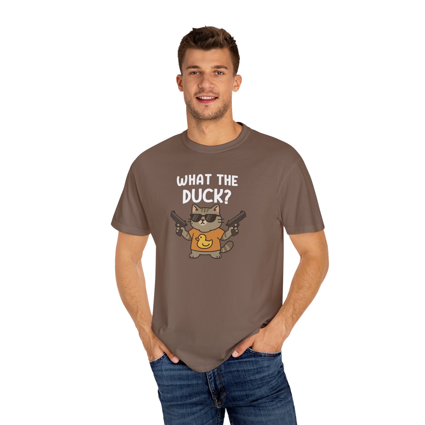 T-Shirt: What The Duck? - Funny Armed Cat Meme Graphic Tee - Humorous Unisex Shirt for Cat Lovers & Internet Humor Fans