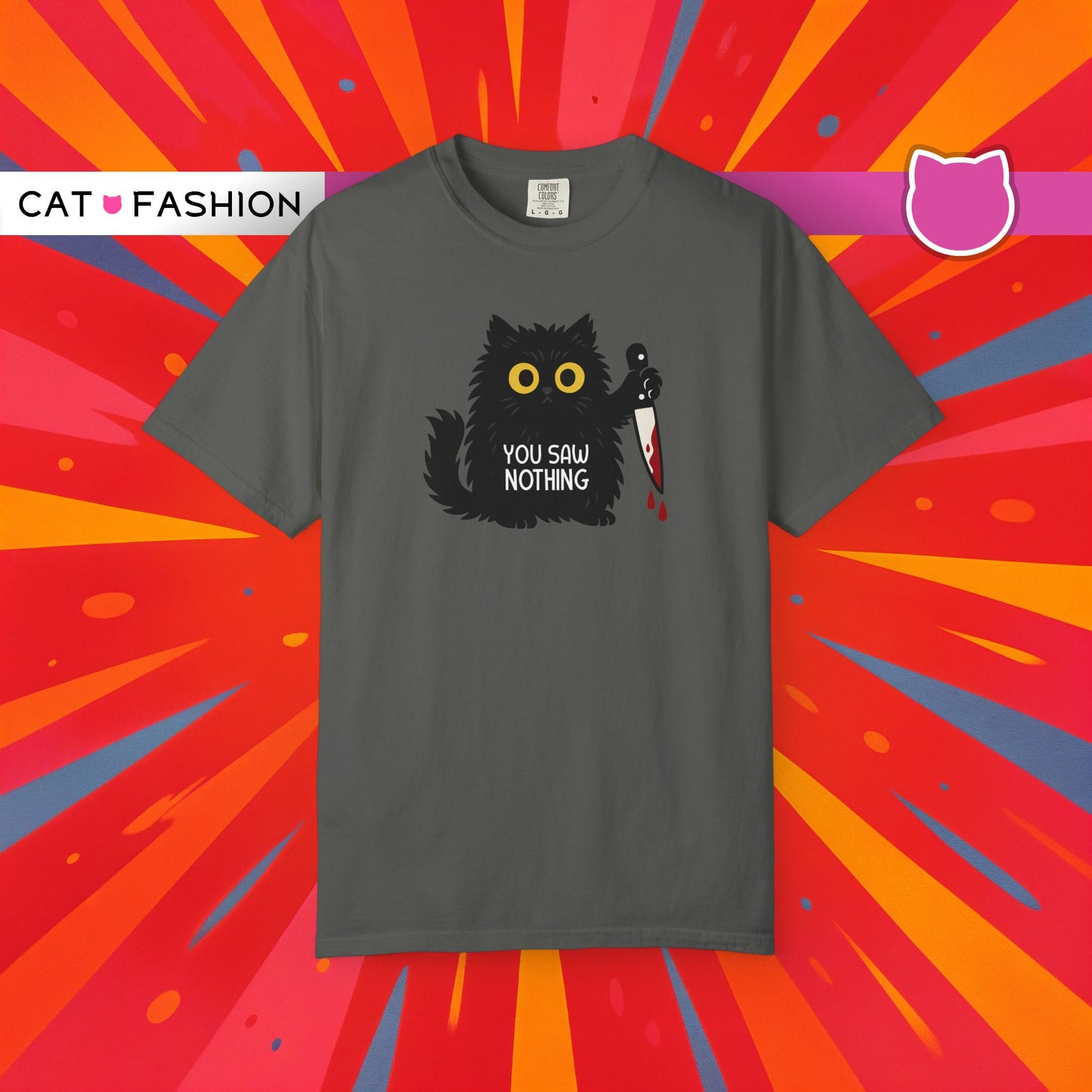 T-Shirt: You Saw Nothing - Funny Knife Cat Meme Graphic Tee - Dark Humor Unisex Shirt for Cat Lovers and Suspicious Vibes