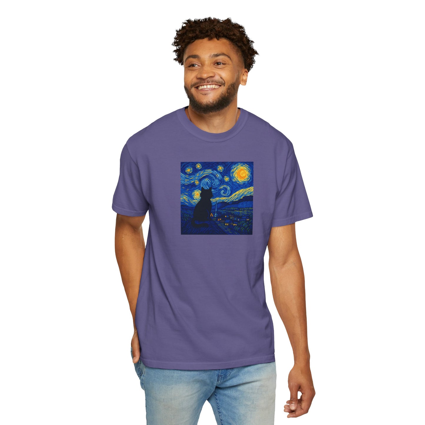T-Shirt: The Starry Night with Cat - Van Gogh Parody Art Tee - Whimsical Unisex Shirt for Cat Lovers and Art Fans