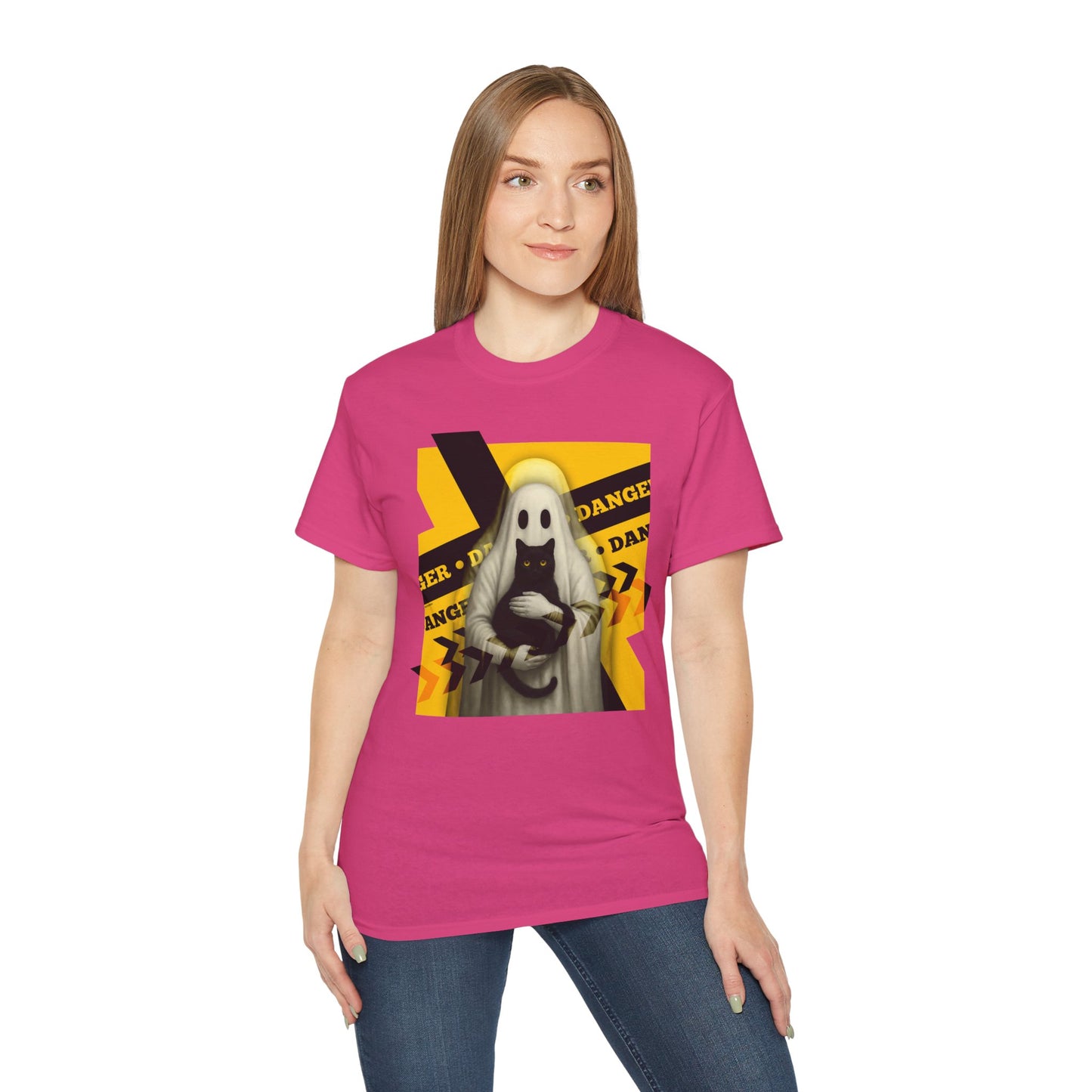 T-Shirt: Danger Cat and Ghost – Spooky Halloween Graphic Tee – Funny Unisex Shirt for Horror Fans