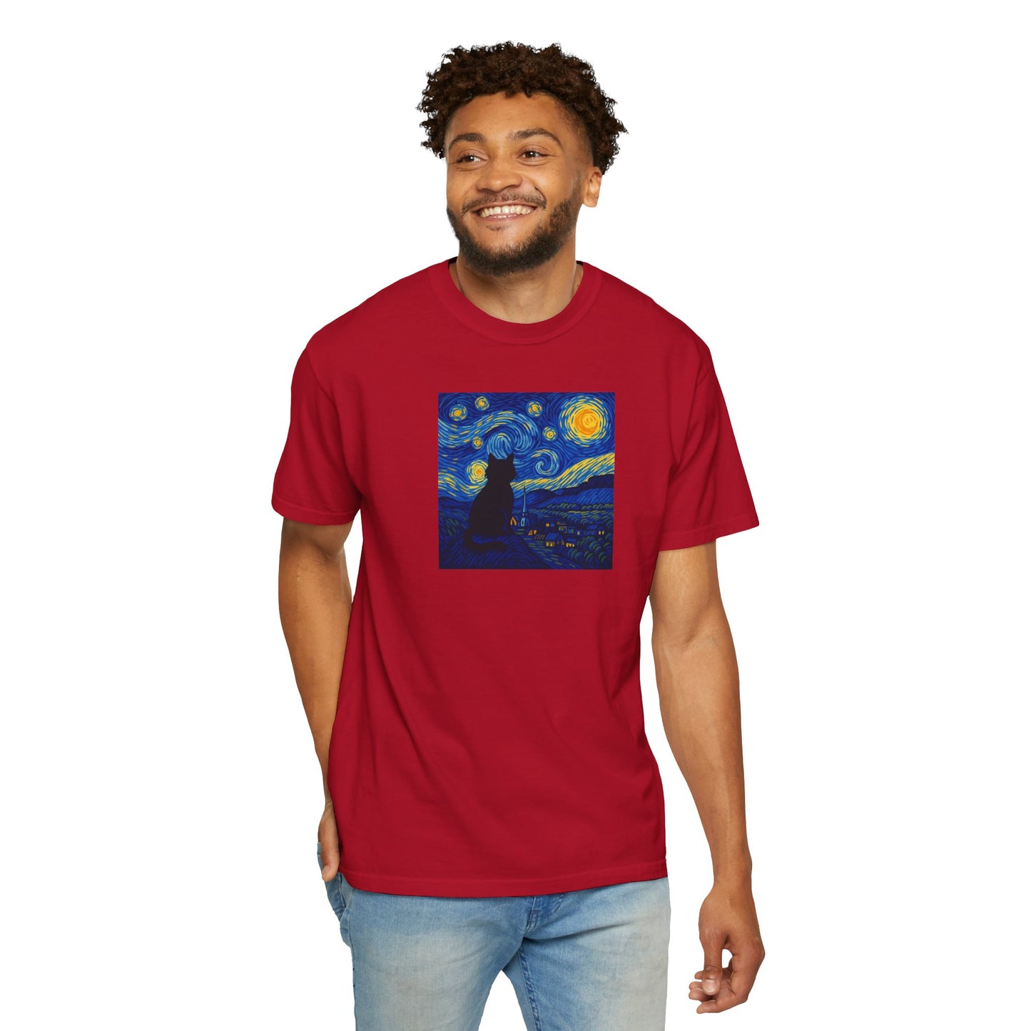 T-Shirt: The Starry Night with Cat - Van Gogh Parody Art Tee - Whimsical Unisex Shirt for Cat Lovers and Art Fans